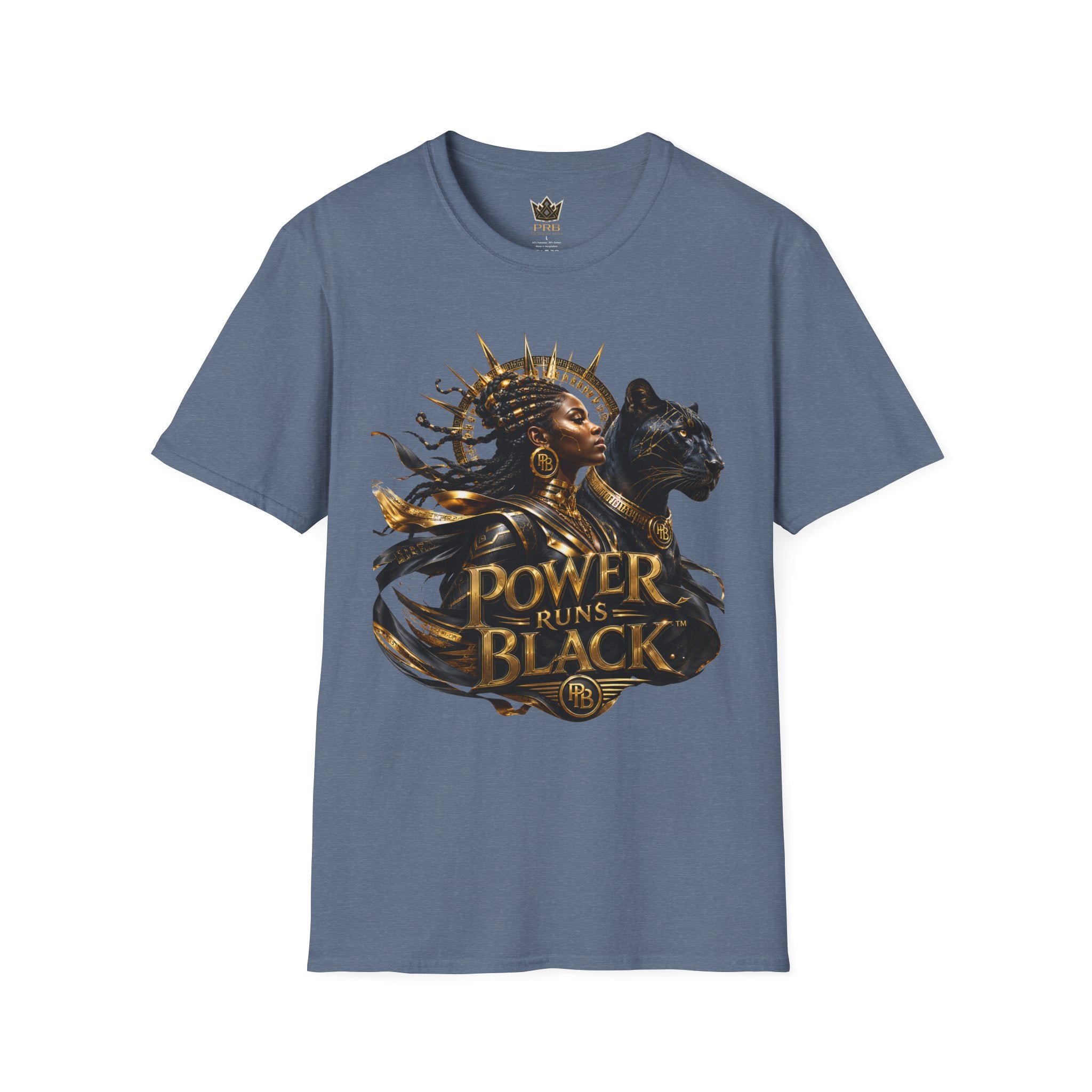 Power Runs Black PRB | Black Woman Portrait, Gold Accents Panther Graphics T by Power Runs Black