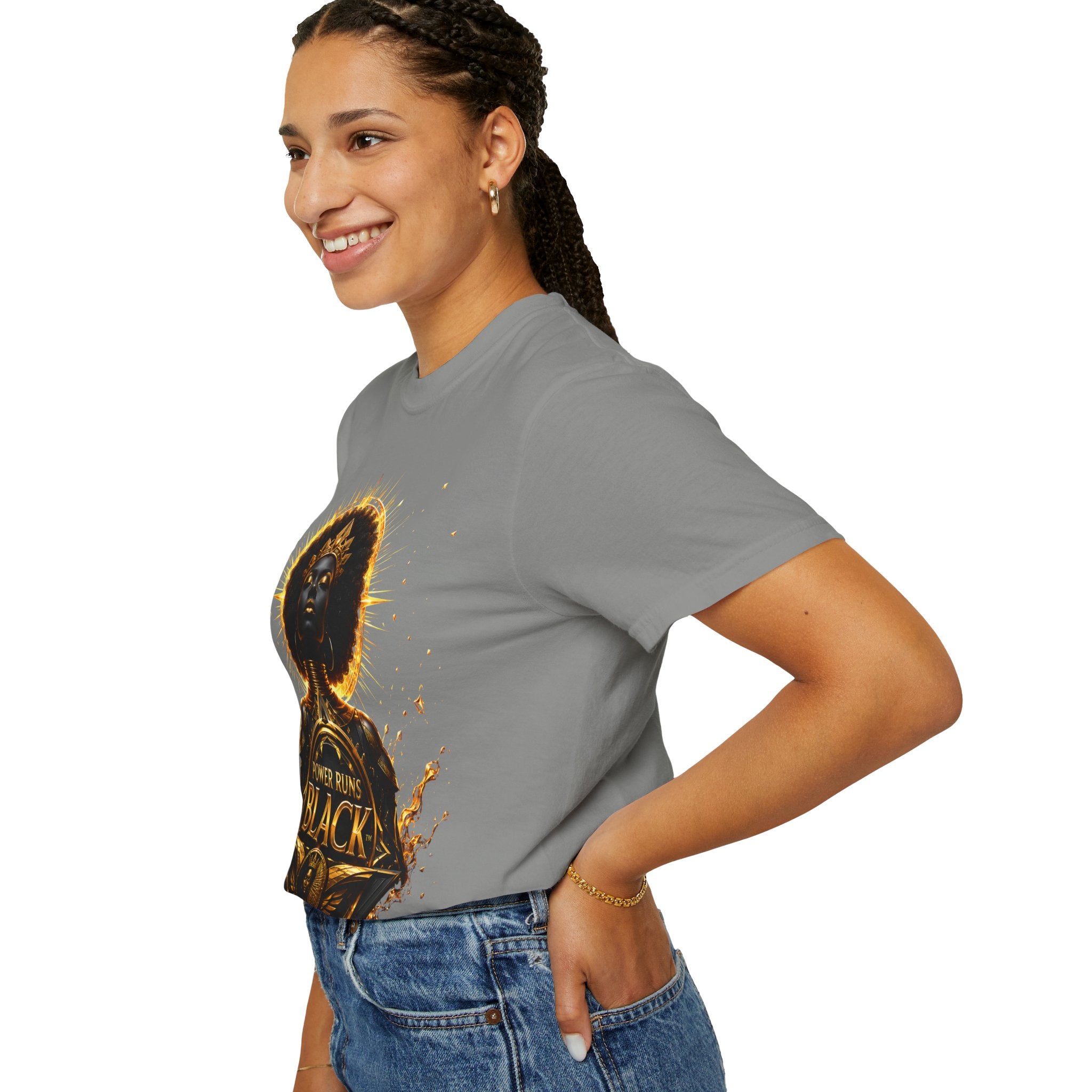 Power Runs Black goddess illustration T-Shirt | Afrocentric black pride design by Power Runs Black