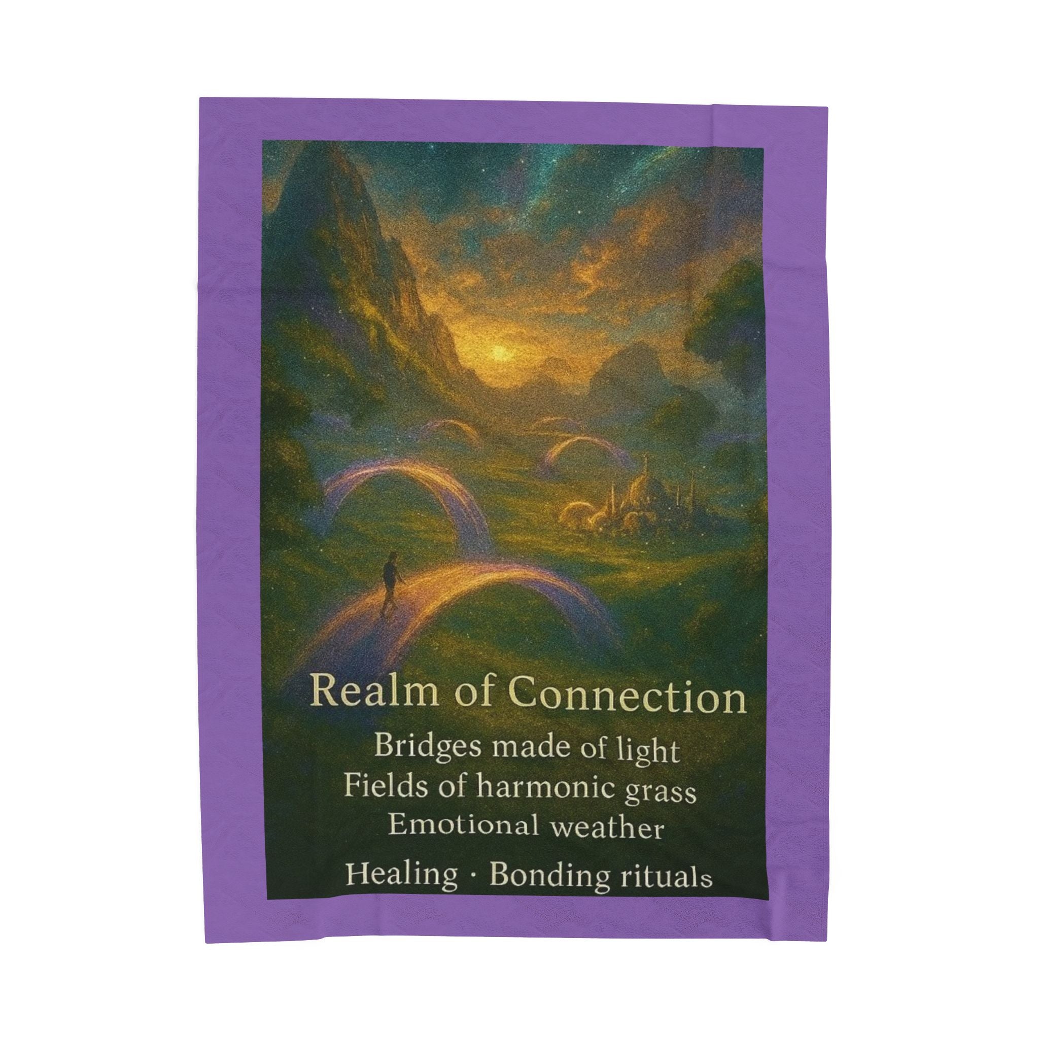 PRB Realm of Connection velveteen plush blanket | ethereal landscape, light bridges, healing text by Power Runs Black
