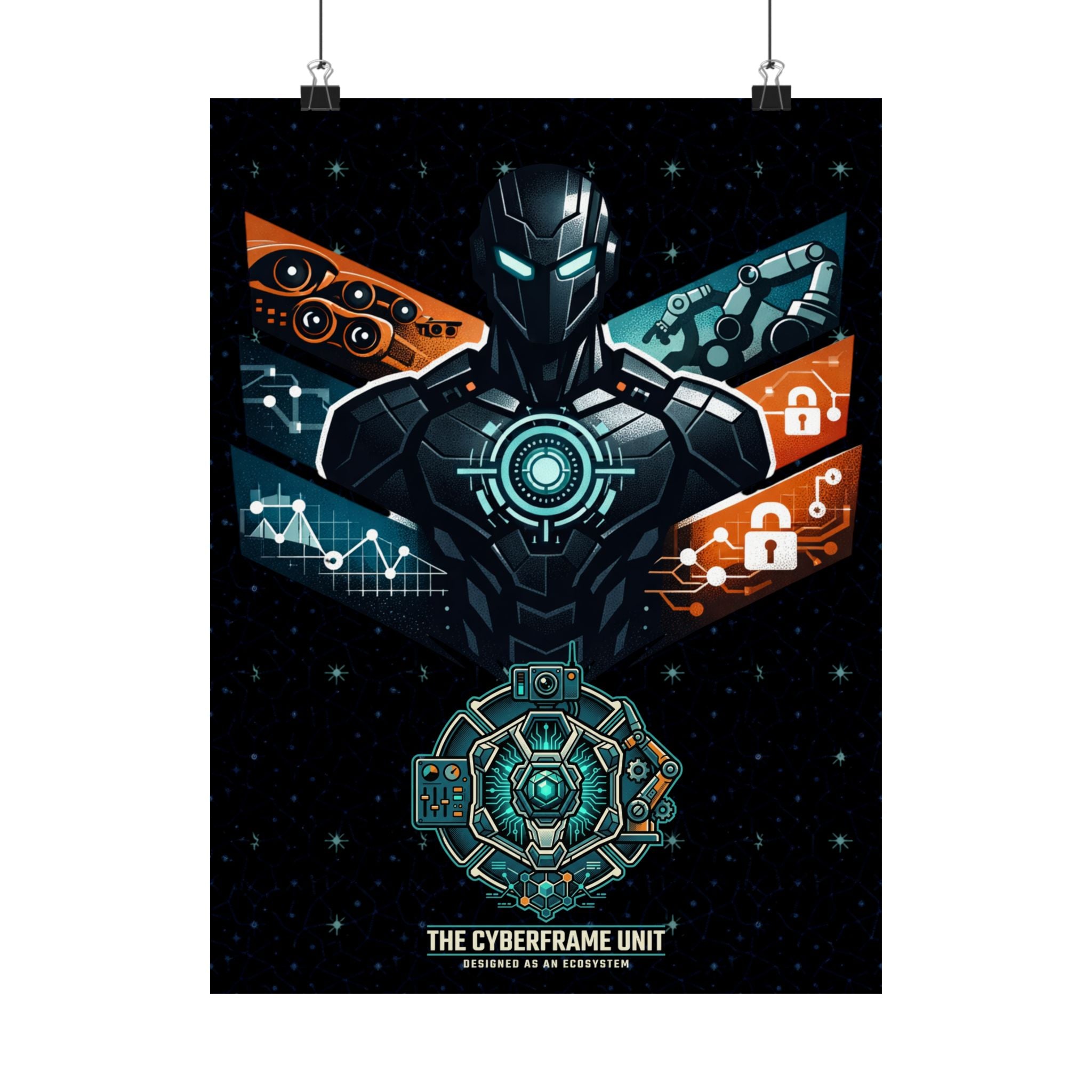 Power Runs Black Cyberframe Unit Sci‑Fi Poster — Matte Vertical by Power Runs Black