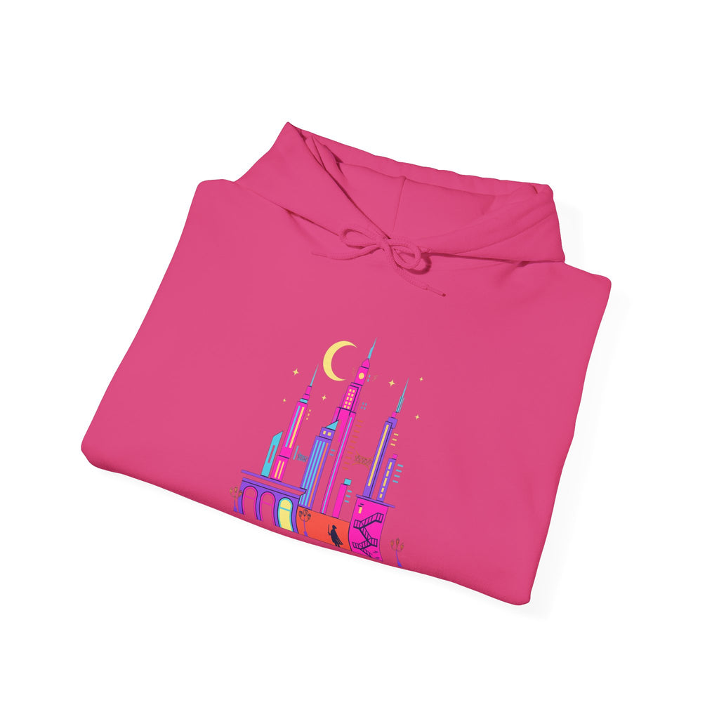 PRB Colorful City Skyline Hoodie – Vibrant Nighttime Urban Graphic by Printify