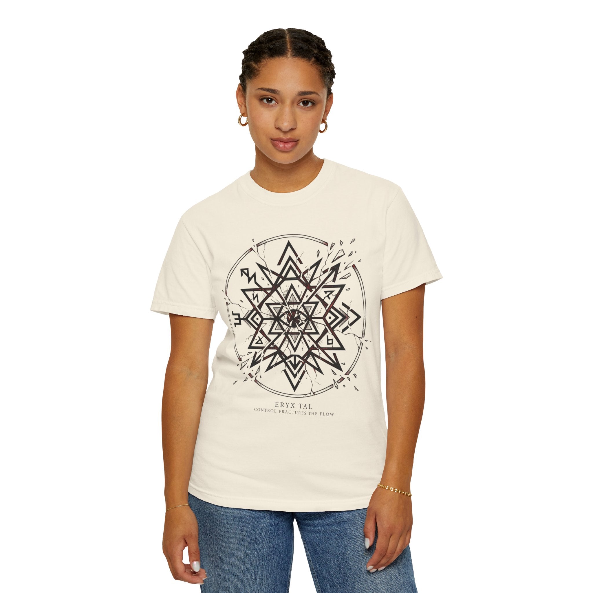 Power Runs Black PRB Eryx Tal Geometric Mandala T-Shirt — Symmetric Star Graphic Tee by Printify