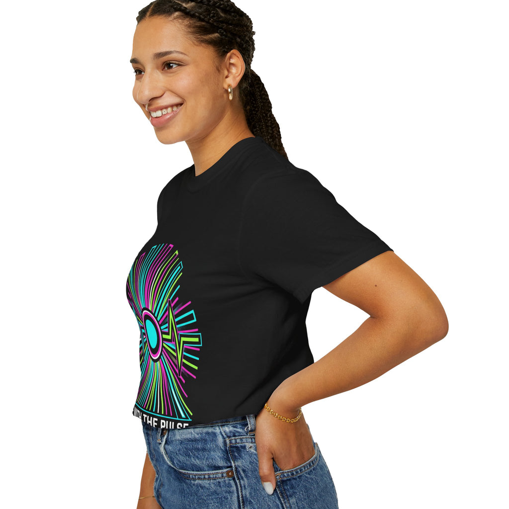 Power Runs Black PRB Electric "Move With Pulse" Graphic T-Shirt — Neon Sunburst Design by Power Runs Black