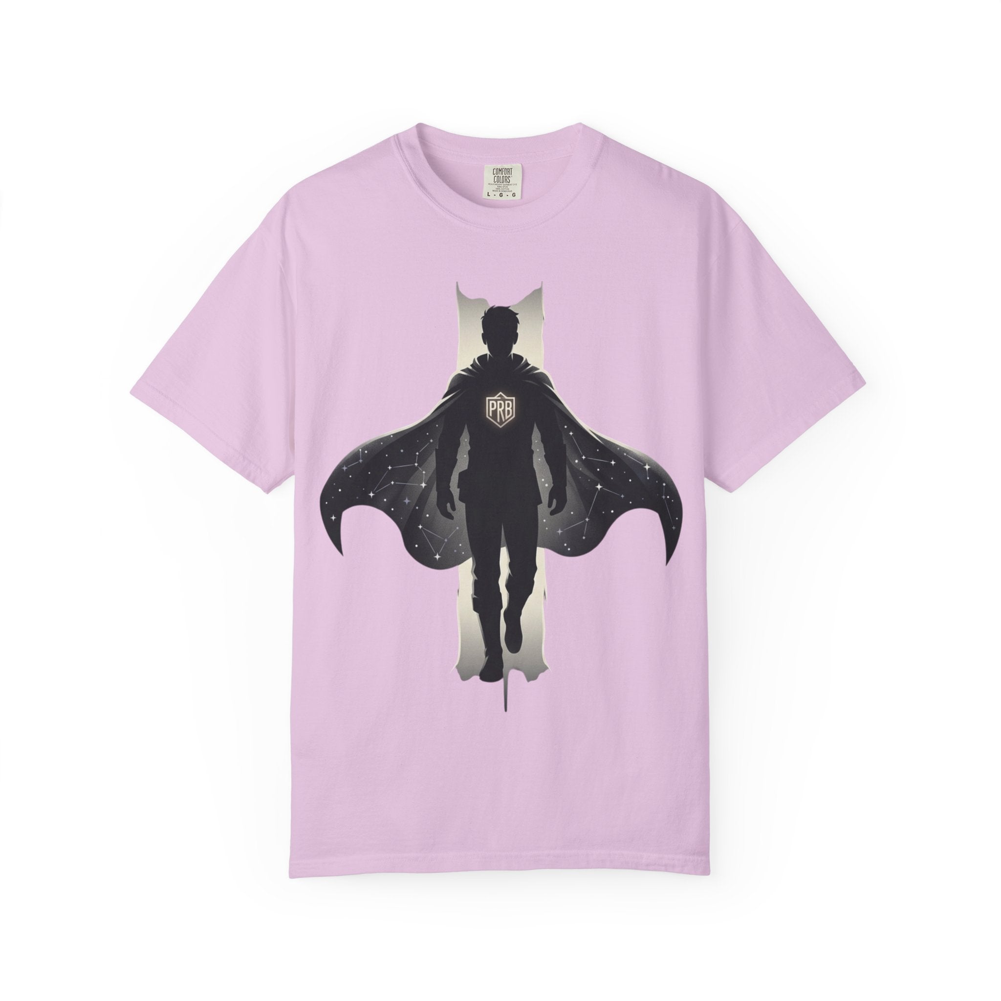 Power Runs Black Silhouette PRB Superhero with Cape T-shirt | Night Sky Emblem, Graphic Tee by Printify