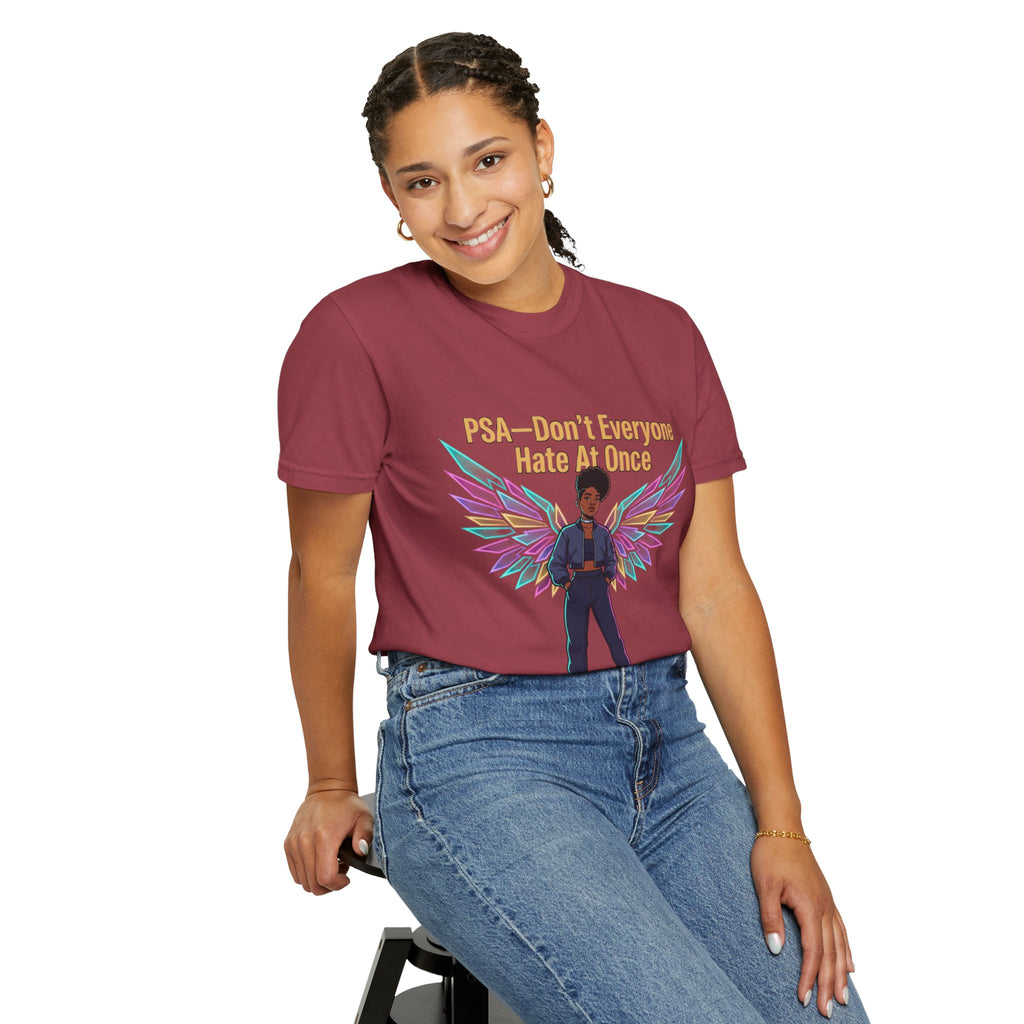 T-Shirt — PSA “Don't Everyone Hate At Once” Angel Wings Graphic Tee by Printify