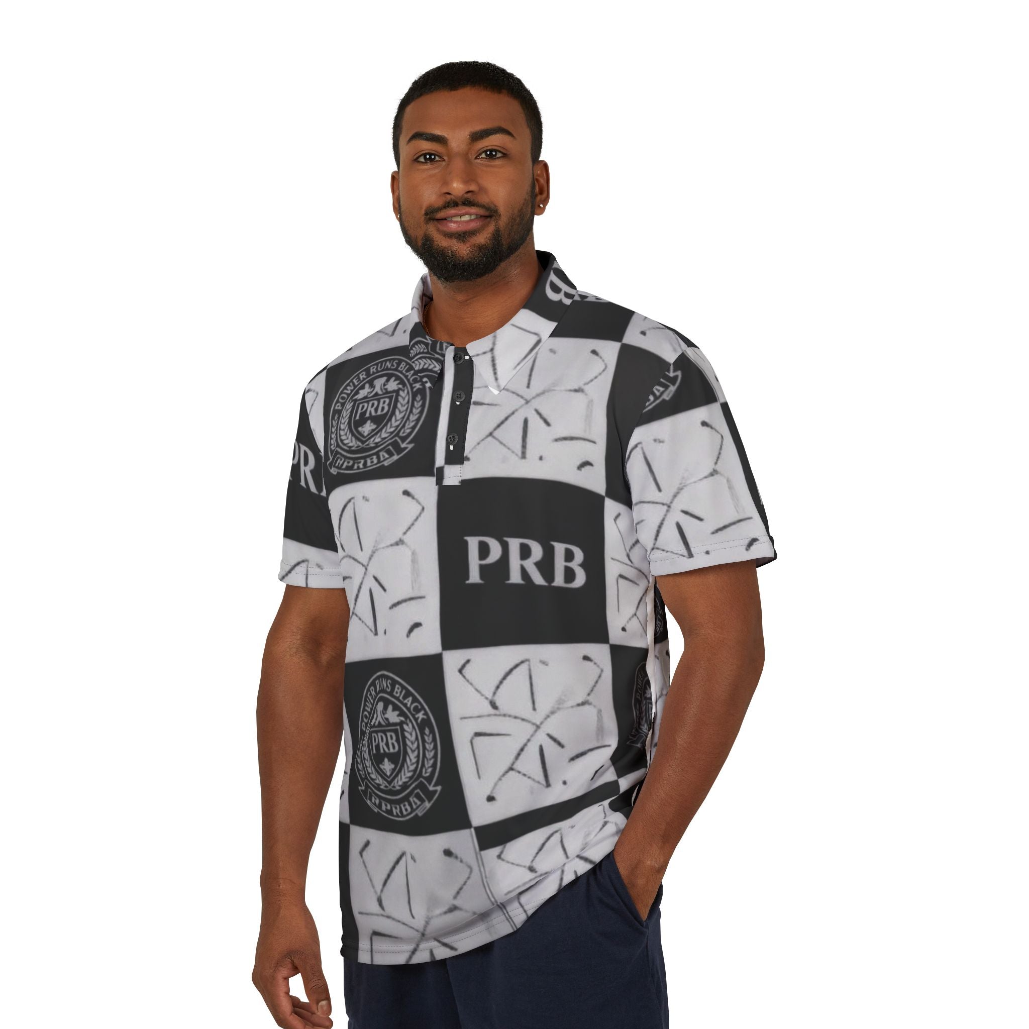 PRB Checkerboard Logo Polo Shirt — PRB Monogram All-Over Print by Printify