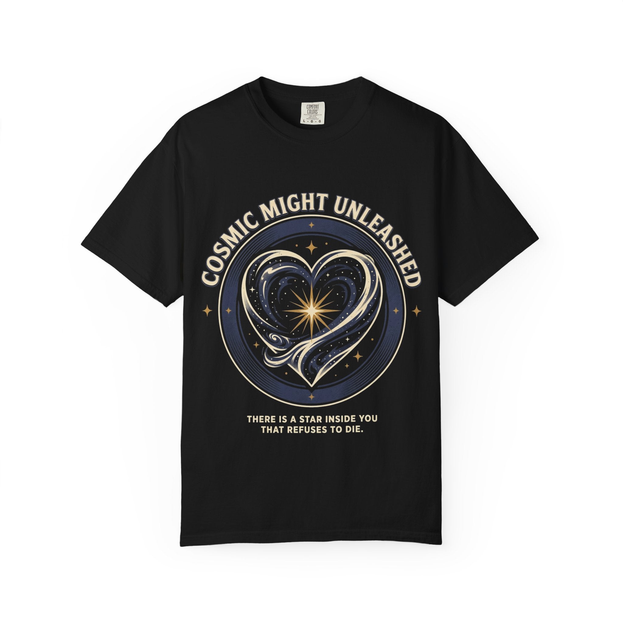 PRB Starforged Flex Cosmic Might Unleashed Heart Graphic T-Shirt — "Cosmic Might Unleashed" Astral Design by Power Runs Black
