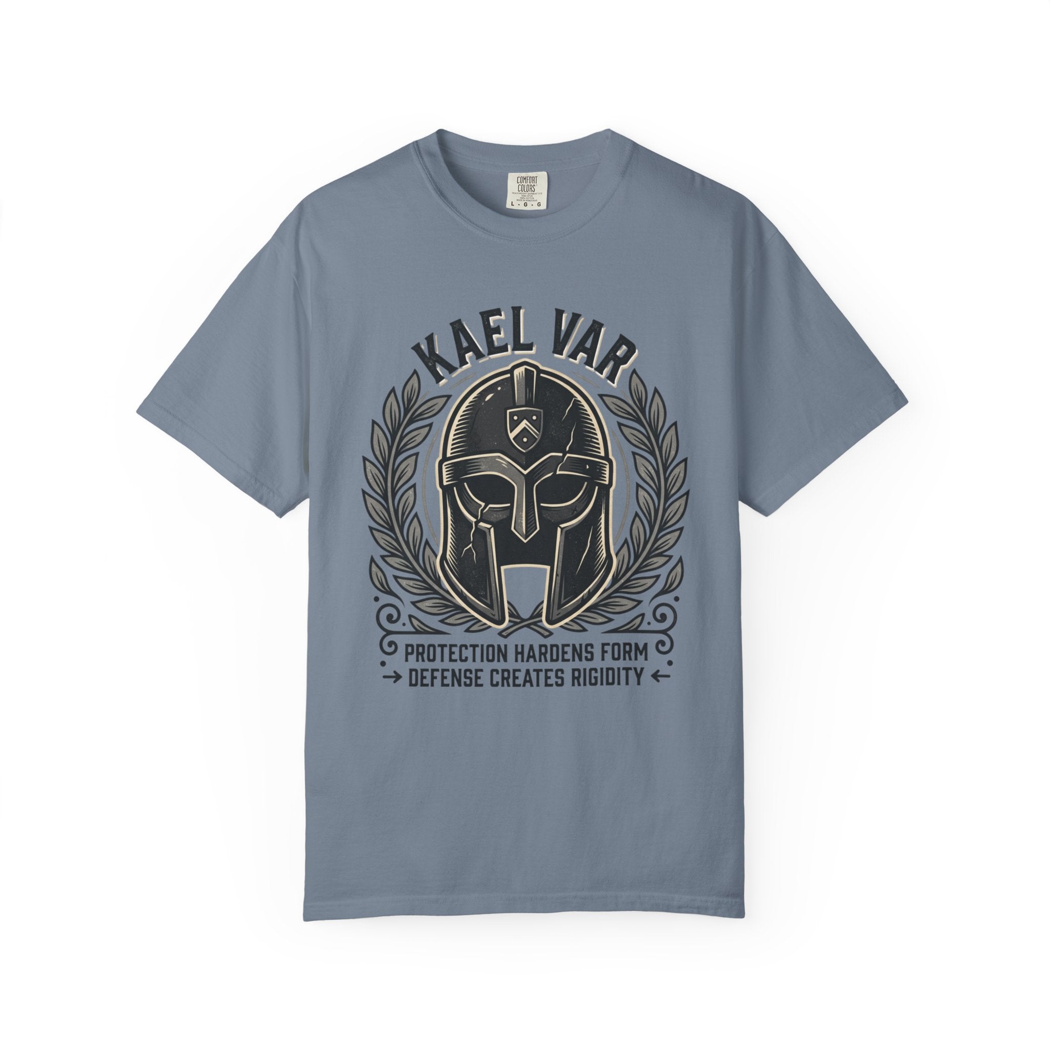 Power Runs Black PRB Kael Var Helmet Graphic T-Shirt — "Protection Hardens Form" Warrior Tee by Printify