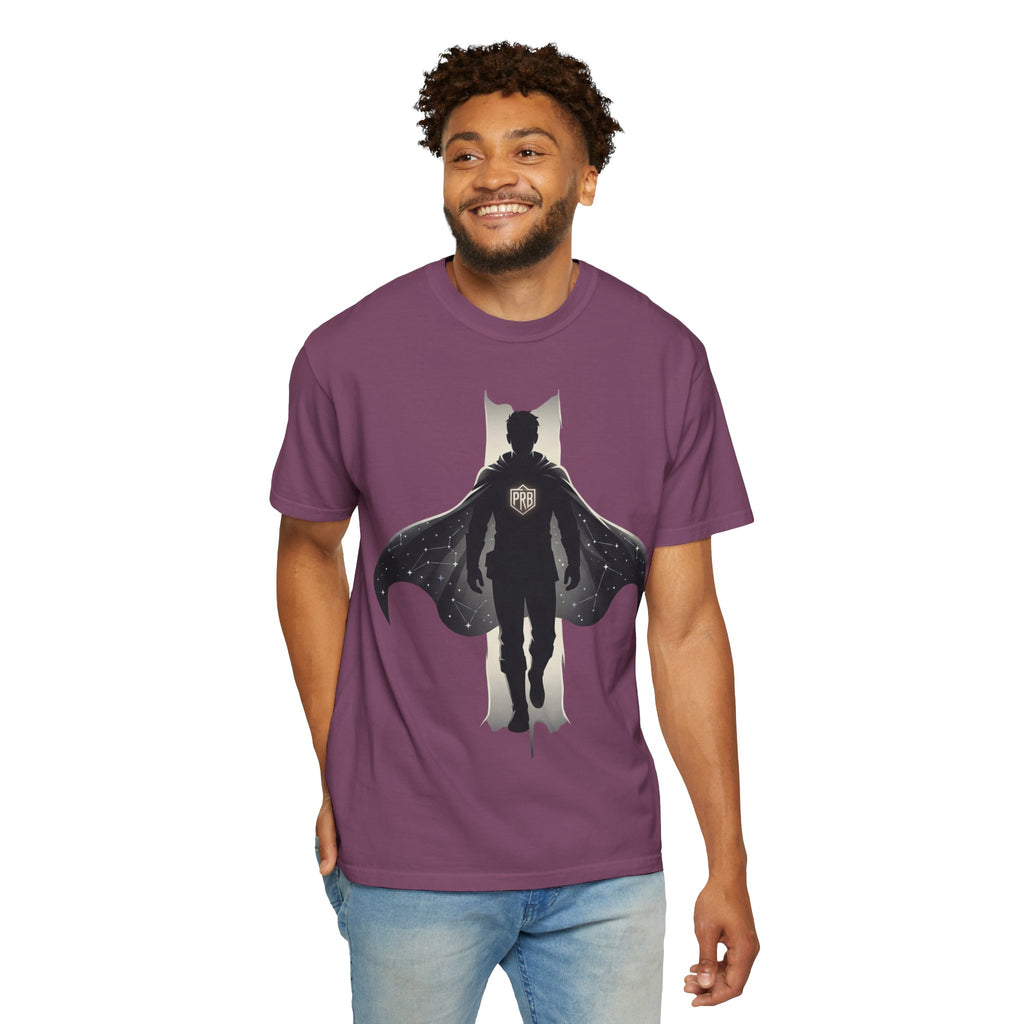Power Runs Black Silhouette PRB Superhero with Cape T-shirt | Night Sky Emblem, Graphic Tee by Printify