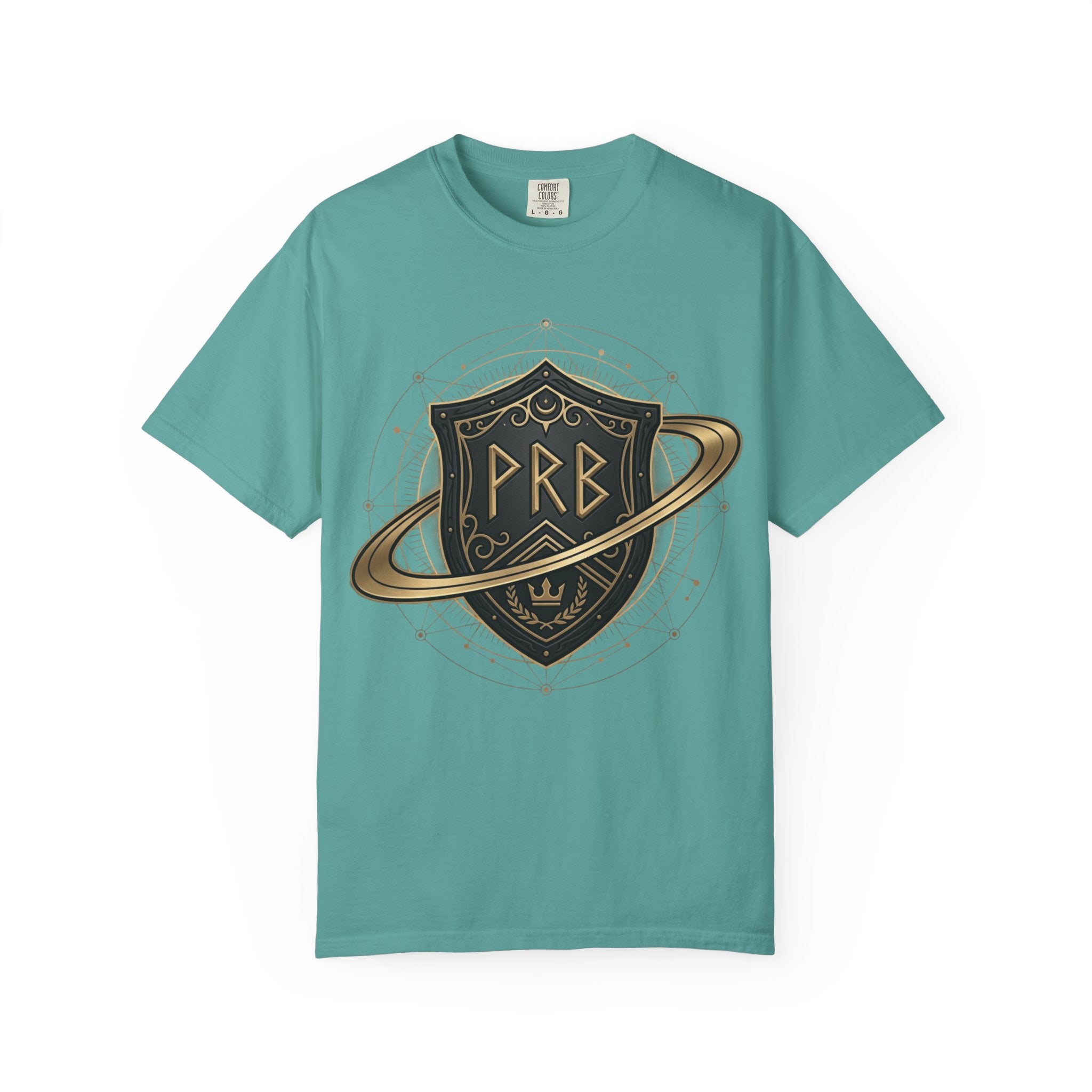 Power Runs Black Astral Crest Shield PRB T-Shirt | Saturn Ring Emblem, Gothic Heraldry by Printify