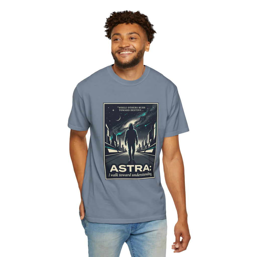 Power Runs Black Astra Sci‑Fi Graphic T-Shirt — "I walk toward understanding" Poster Design by Power Runs Black