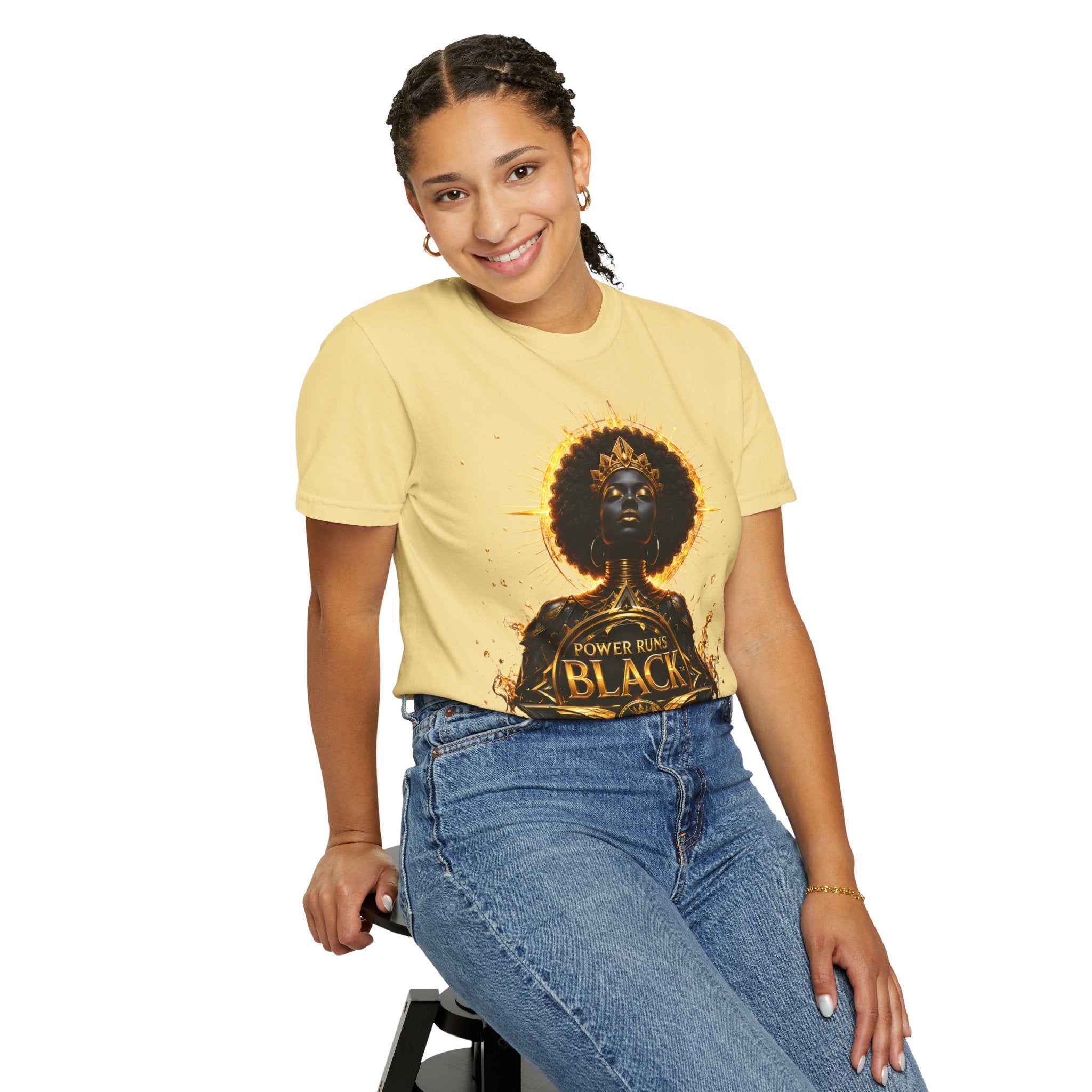 Power Runs Black goddess illustration T-Shirt | Afrocentric black pride design by Power Runs Black