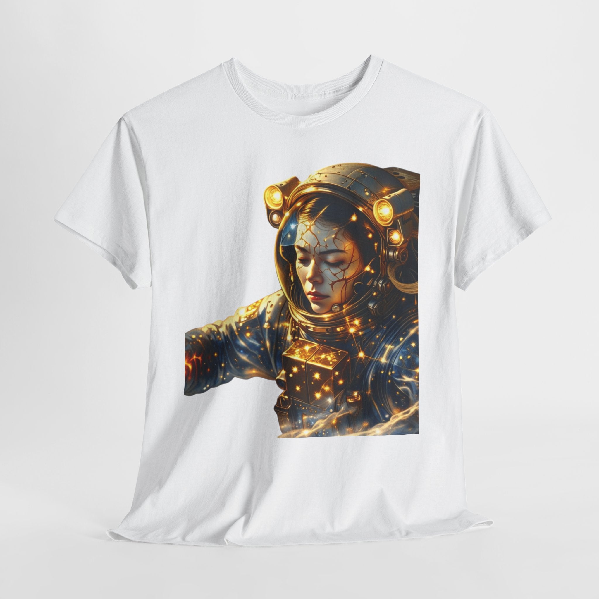 Power Runs Black PRB Golden Astronaut Portrait T-Shirt | Space Helmet Art, Cosmic Lights by Printify