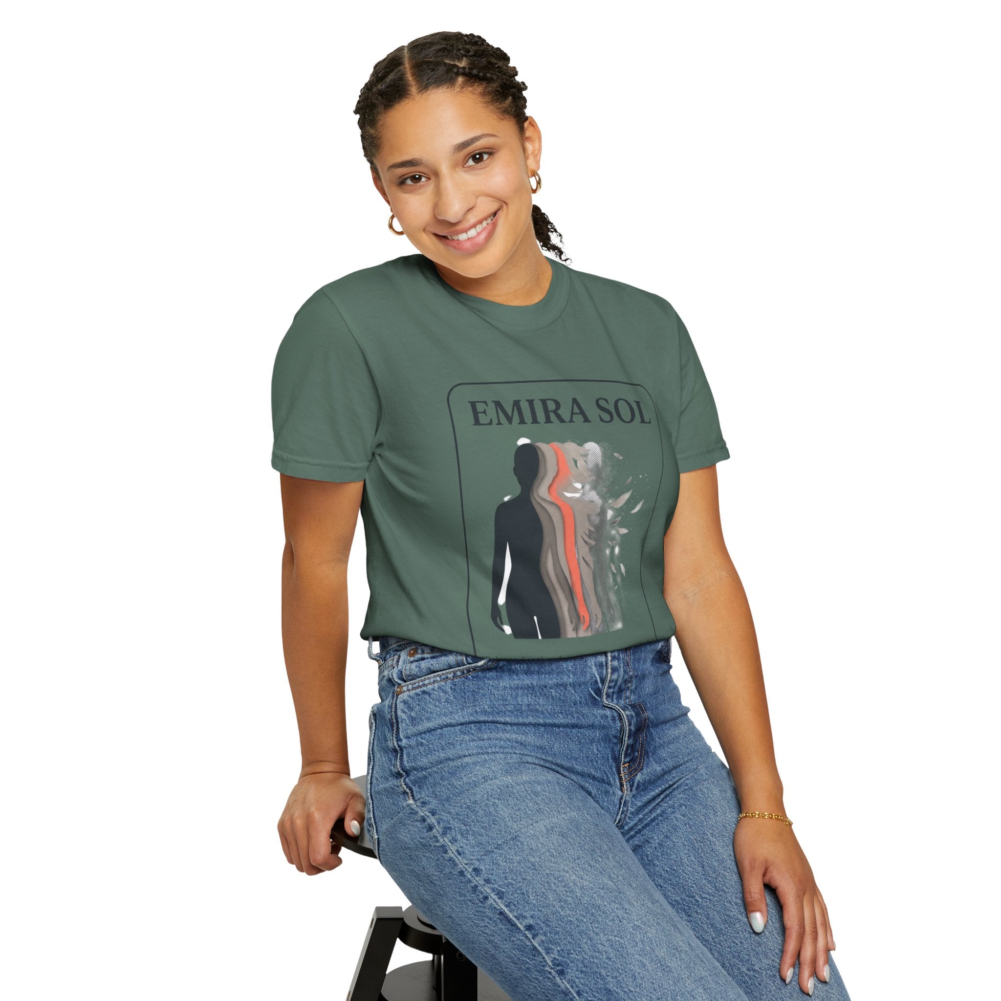 Power Runs Black PRB Emira Sol Graphic T-Shirt — Silhouette Art "Release Shadows" Tee by Printify