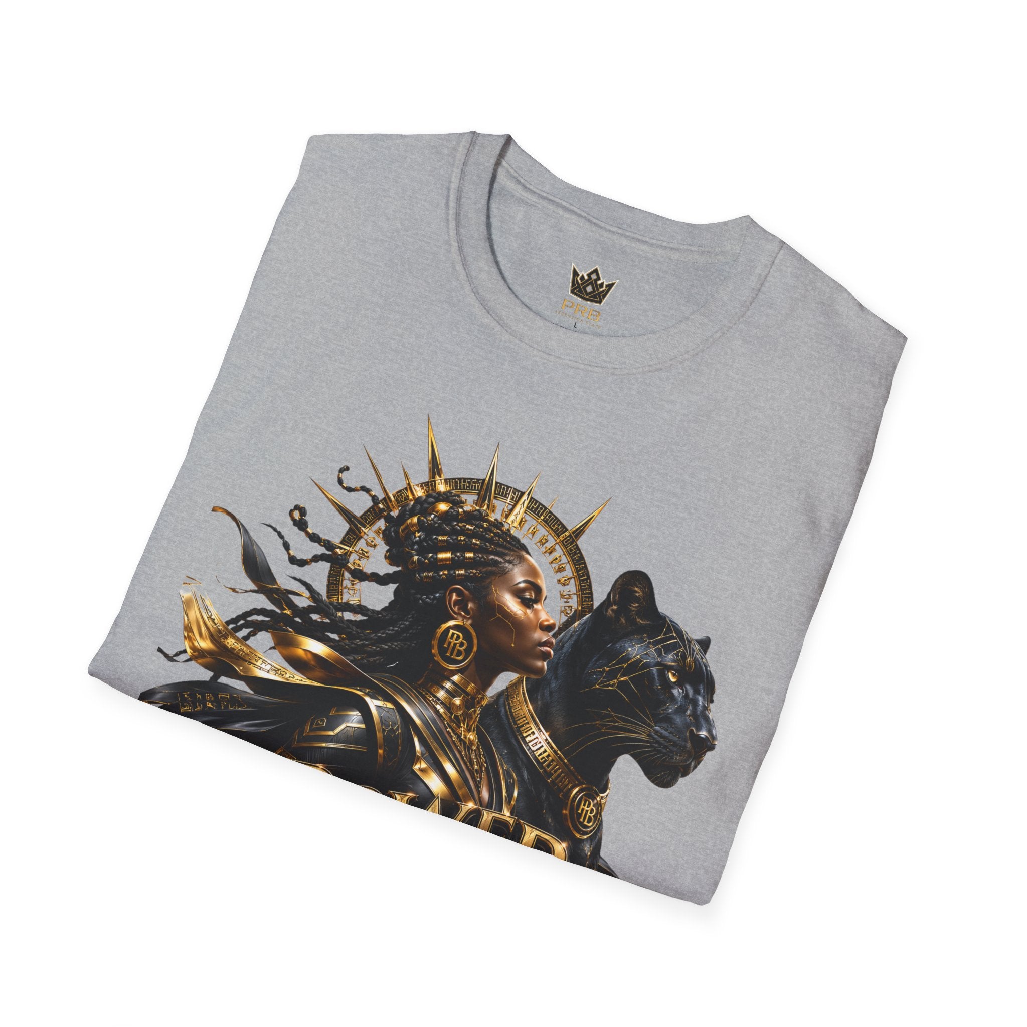 Power Runs Black PRB | Black Woman Portrait, Gold Accents Panther Graphics T by Power Runs Black