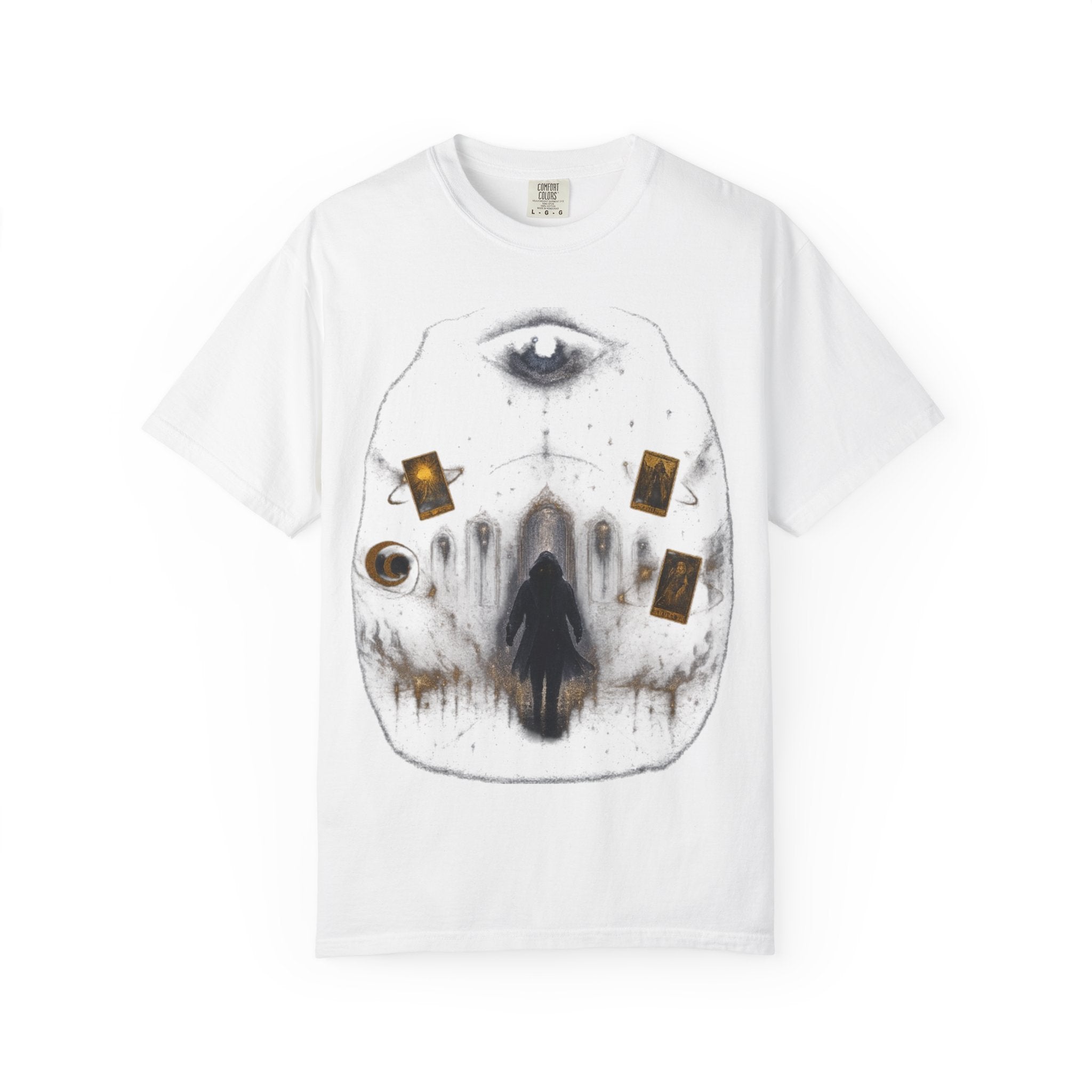 PRB Occult Tarot Skull T-Shirt — Mystic Eye & Shadow Figure Graphic by Power Runs Black