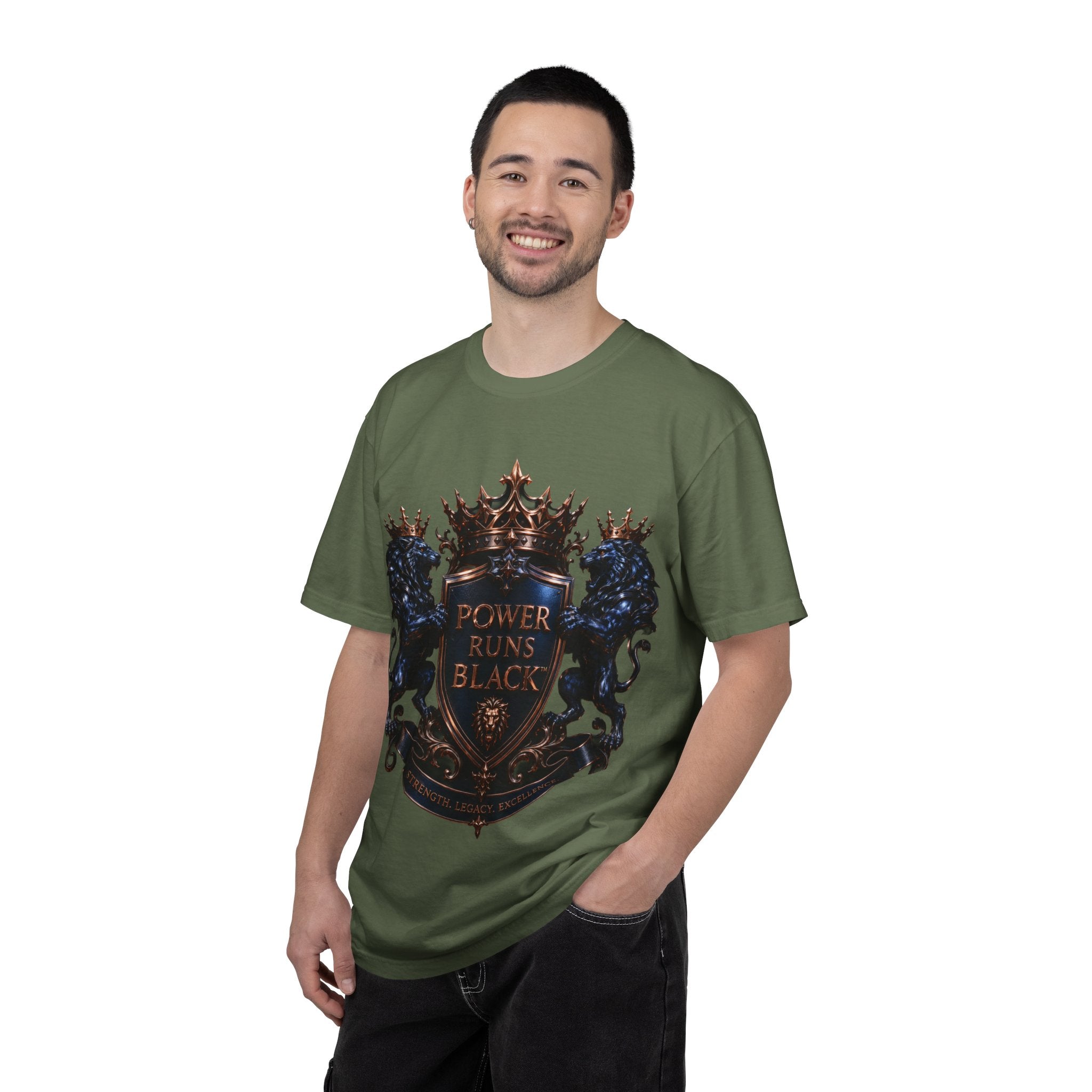 Power Runs Black Crest T-shirt | Heraldic Lion Shield Tee by Power Runs Black