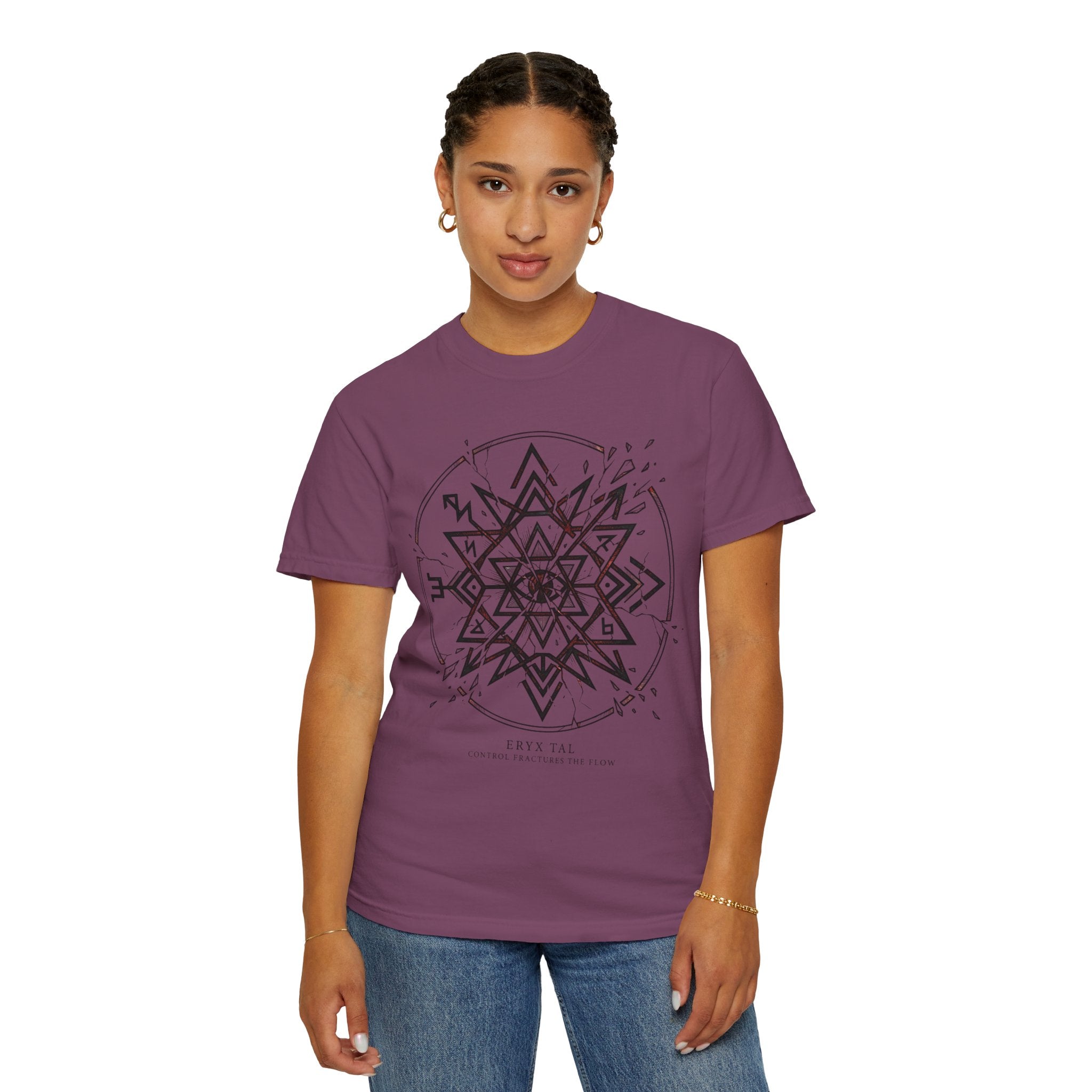 Power Runs Black PRB Eryx Tal Geometric Mandala T-Shirt — Symmetric Star Graphic Tee by Printify