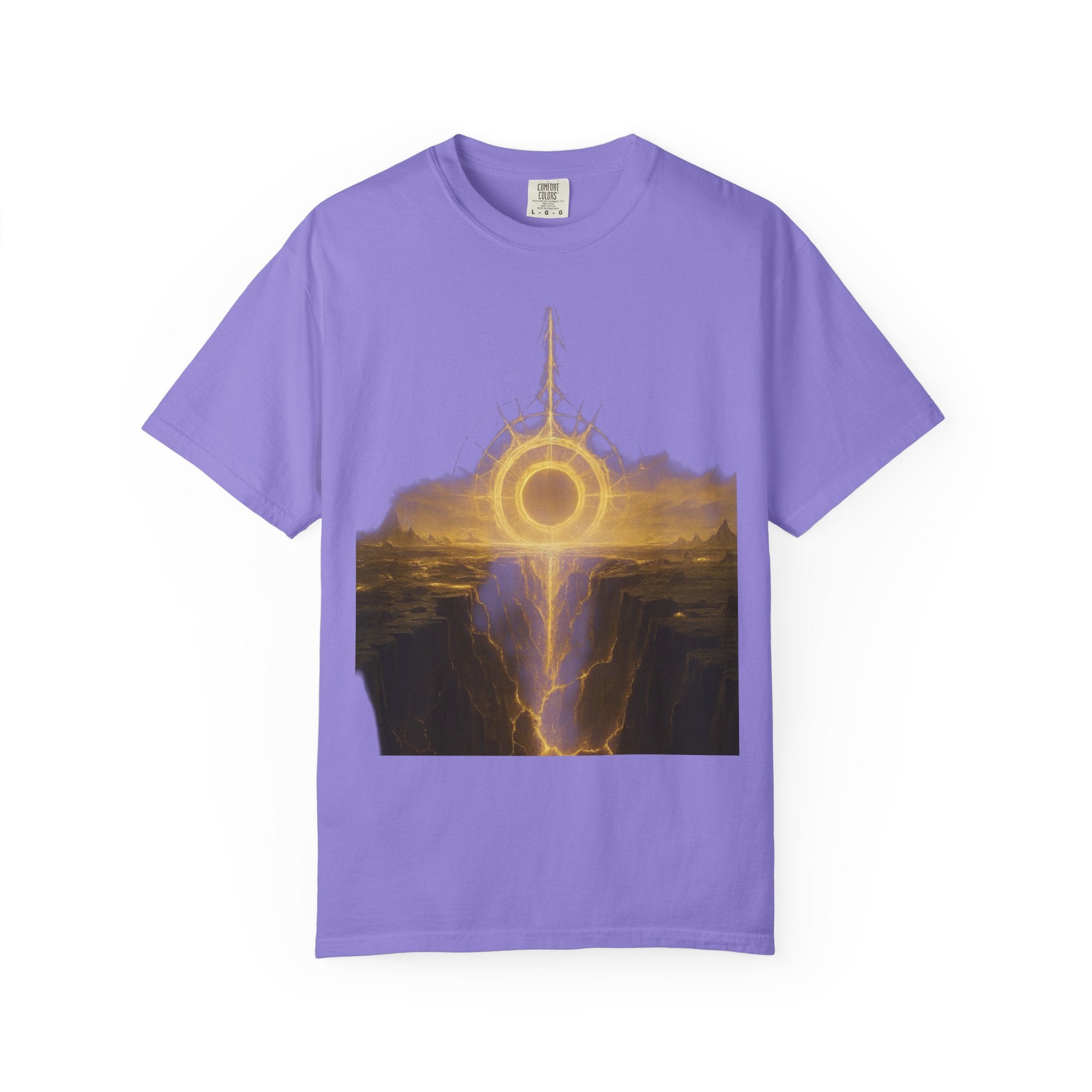Power Runs Black PRB Golden Eclipse Portal T-shirt | Fantasy Landscape, Mystic Ring, Tower Art by Power Runs Black