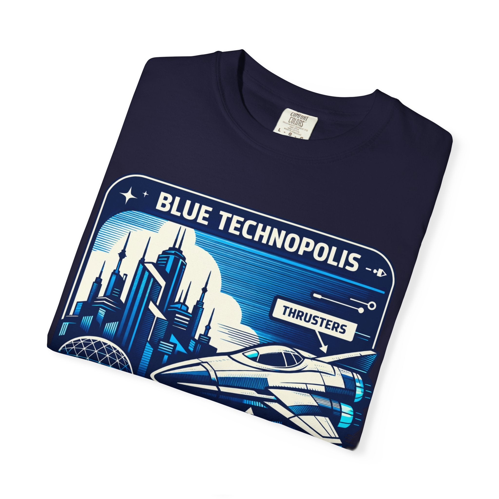 Power Runs Black PRB Technopolis Spacecraft T-Shirt — Blue Technopolis Retro Sci‑Fi Tee by Printify