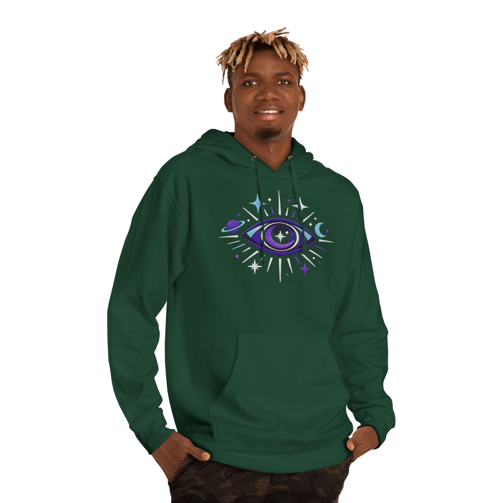 PRB Mystic Purple All-Seeing Eye Hoodie | Celestial Stars Moon by Power Runs Black