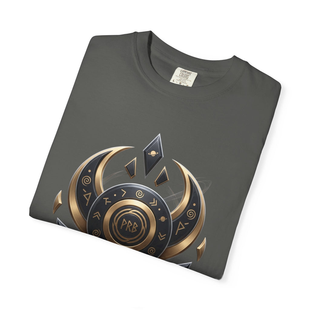 Power Runs Black Mystic Compass Disc T-Shirt — Geometric Gold & Black Emblem Tee by Printify