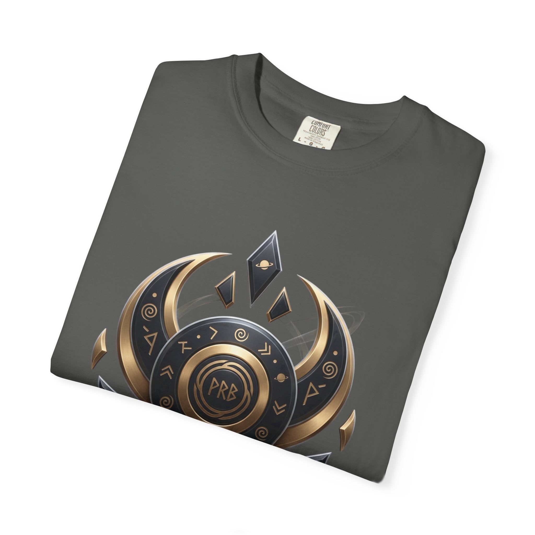 Power Runs Black Mystic Compass Disc T-Shirt — Geometric Gold & Black Emblem Tee by Printify