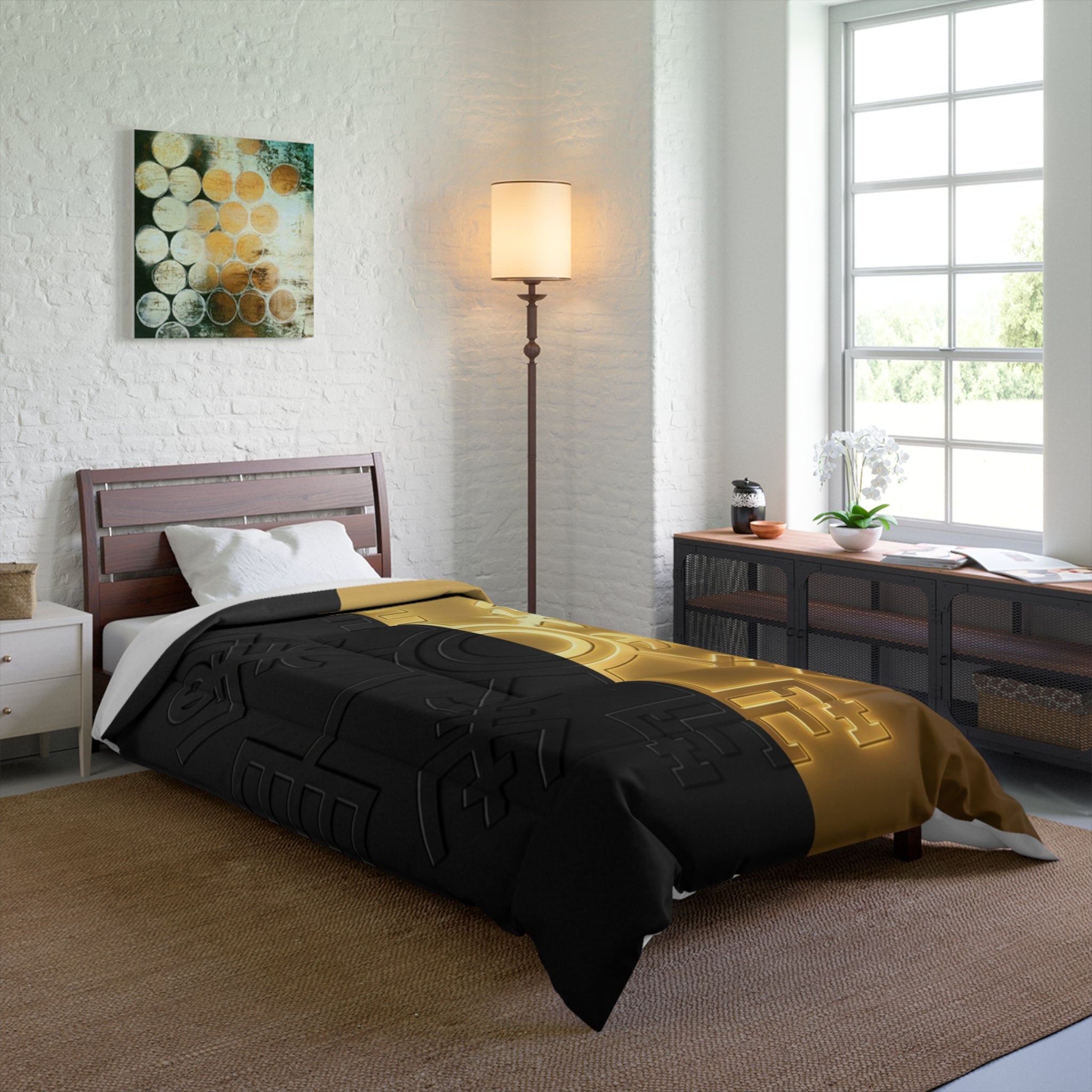 Power Runs Black PRB Gold & Black Nordic Rune Comforter – Viking Symbol Duvet Cover by Printify