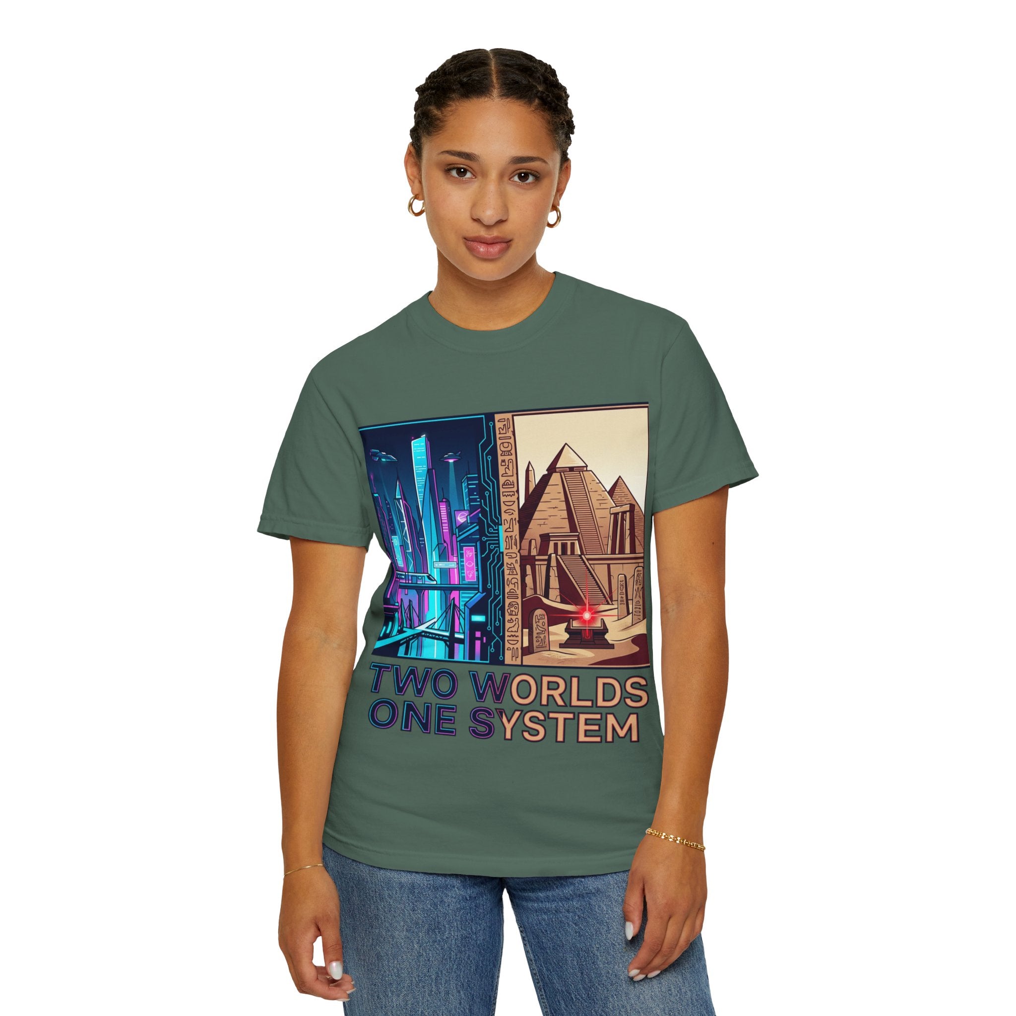 Power Runs Black PRB Blue Technopolis/ Red Dominion Two Worlds One System T-Shirt by Power Runs Black