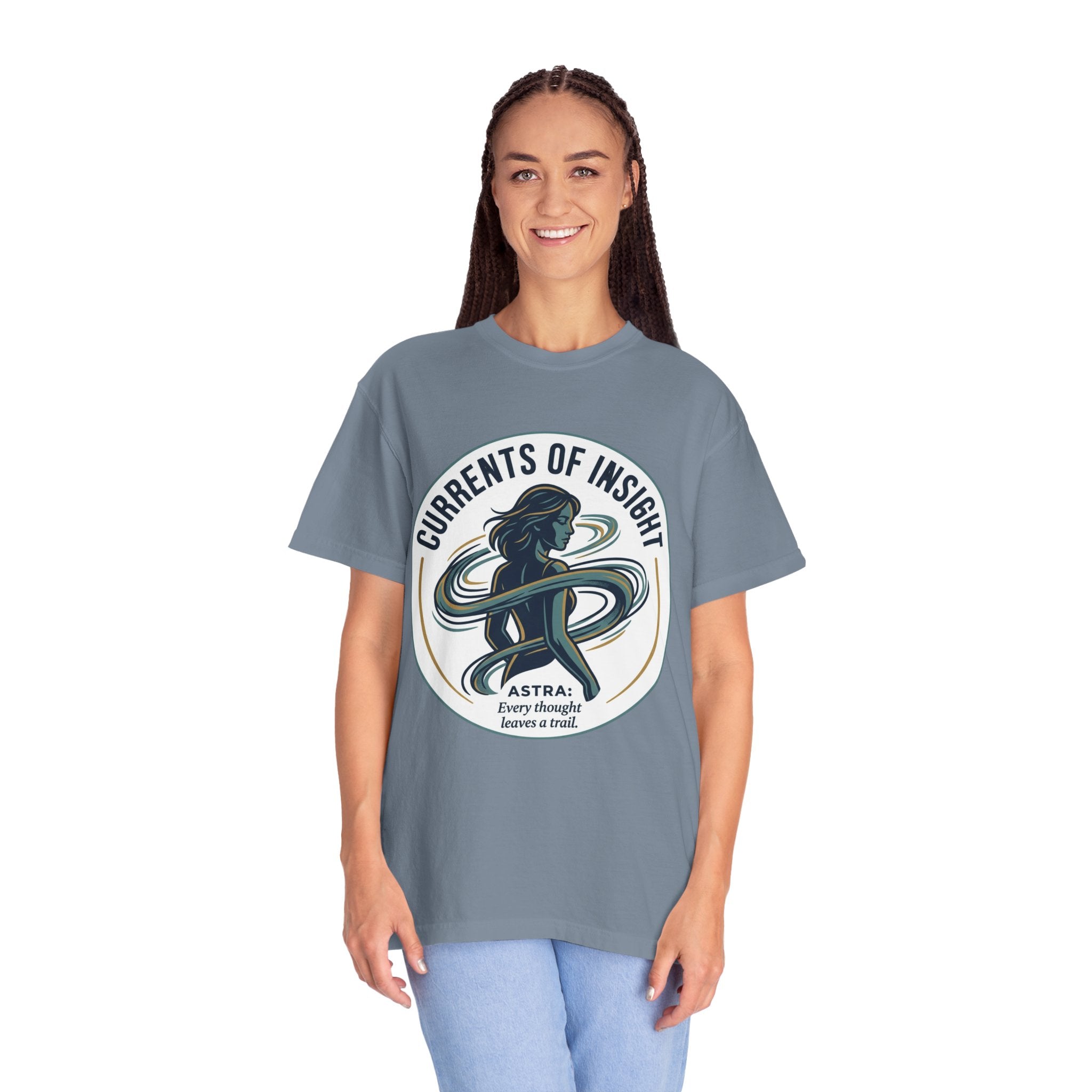 Power Runs Black Currents of Insight T-Shirt — 'Astra: Every thought leaves a trail' Graphic Tee by Power Runs Black