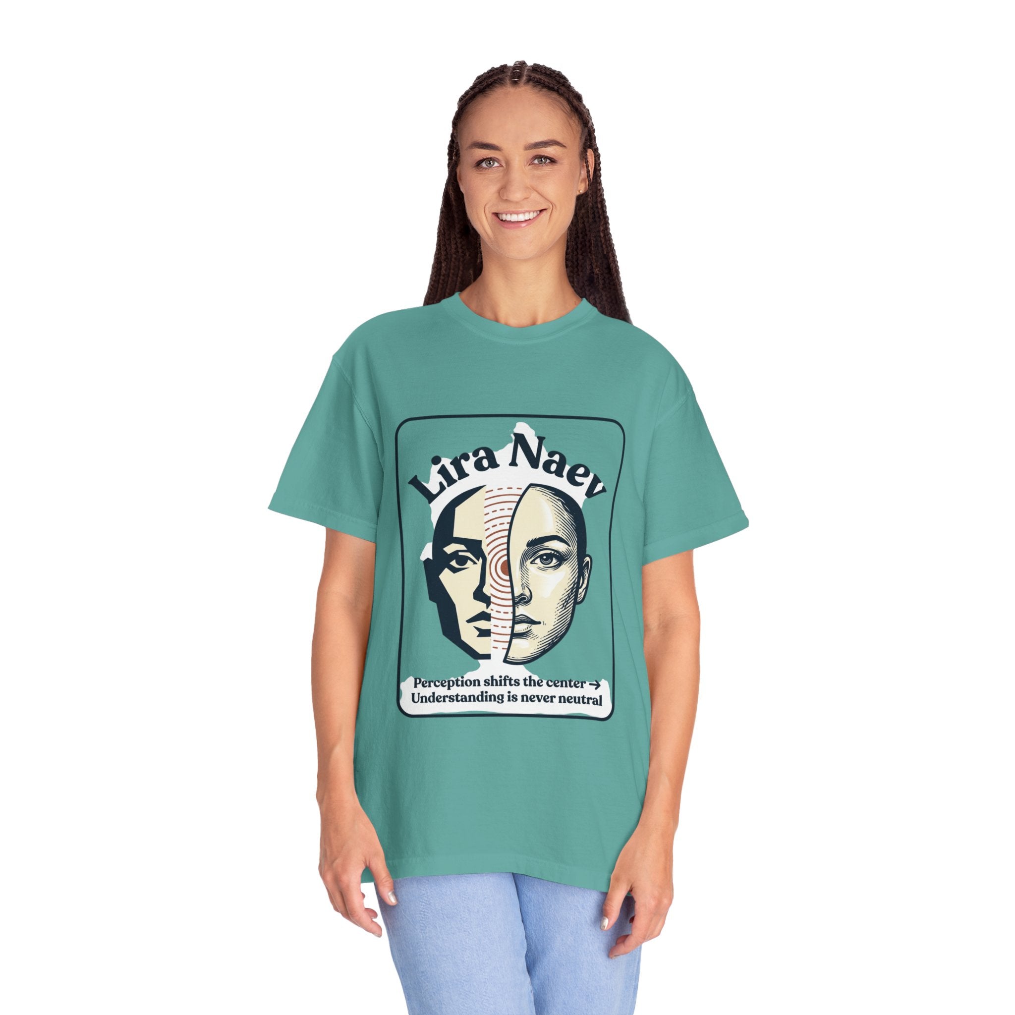 Power Runs Black PRB Lira Naev Split-Face Graphic T-Shirt — “Perception shifts the center” Statement Tee by Power Runs Black