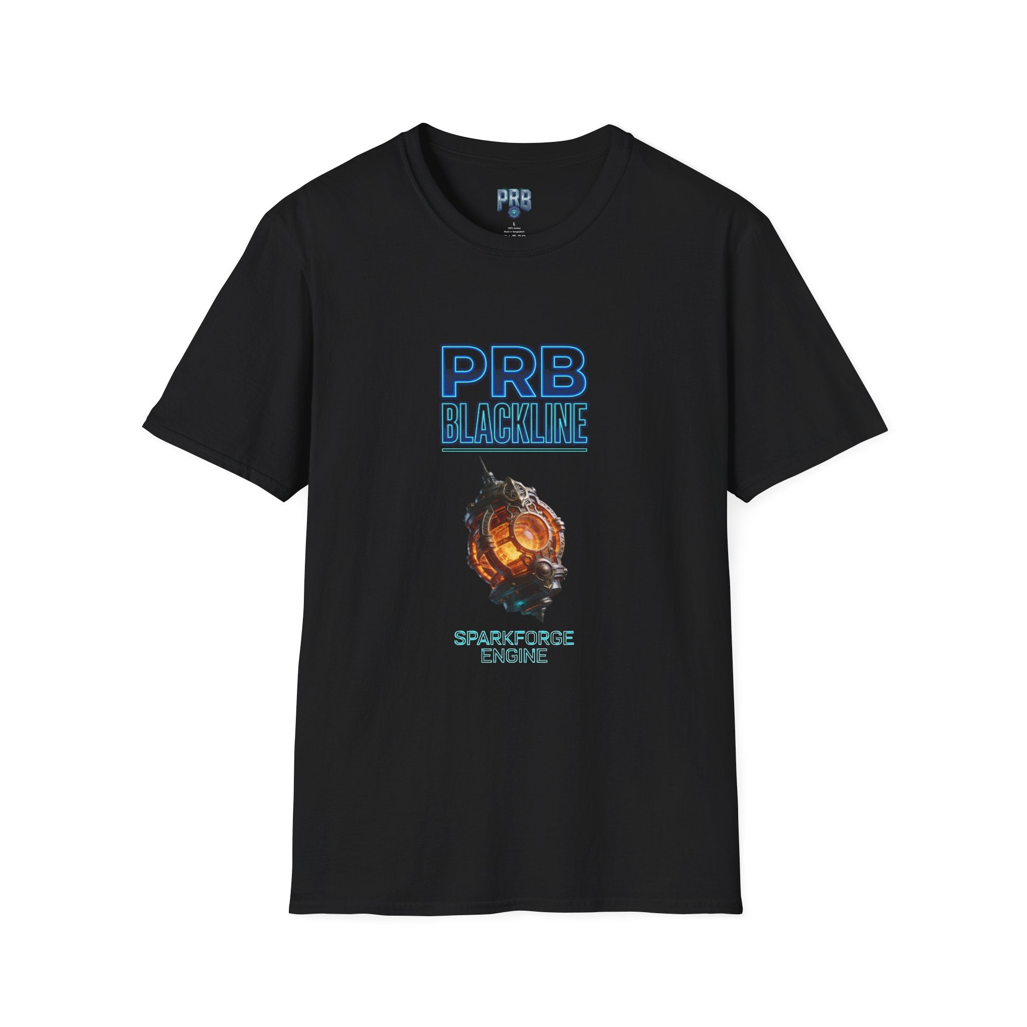 PRB Blackline Sparkforge Engine T‑Shirt — Sci‑Fi Mechanical Graphic Tee by Power Runs Black