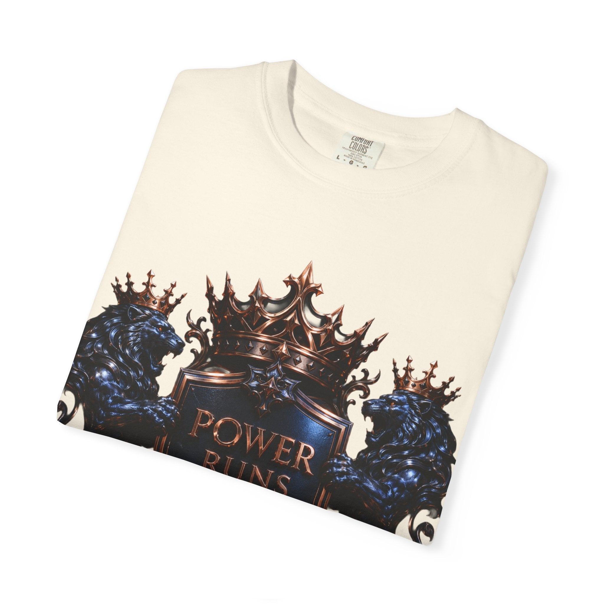 Power Runs Black Crest T-shirt | Heraldic Lion Shield Tee by Power Runs Black