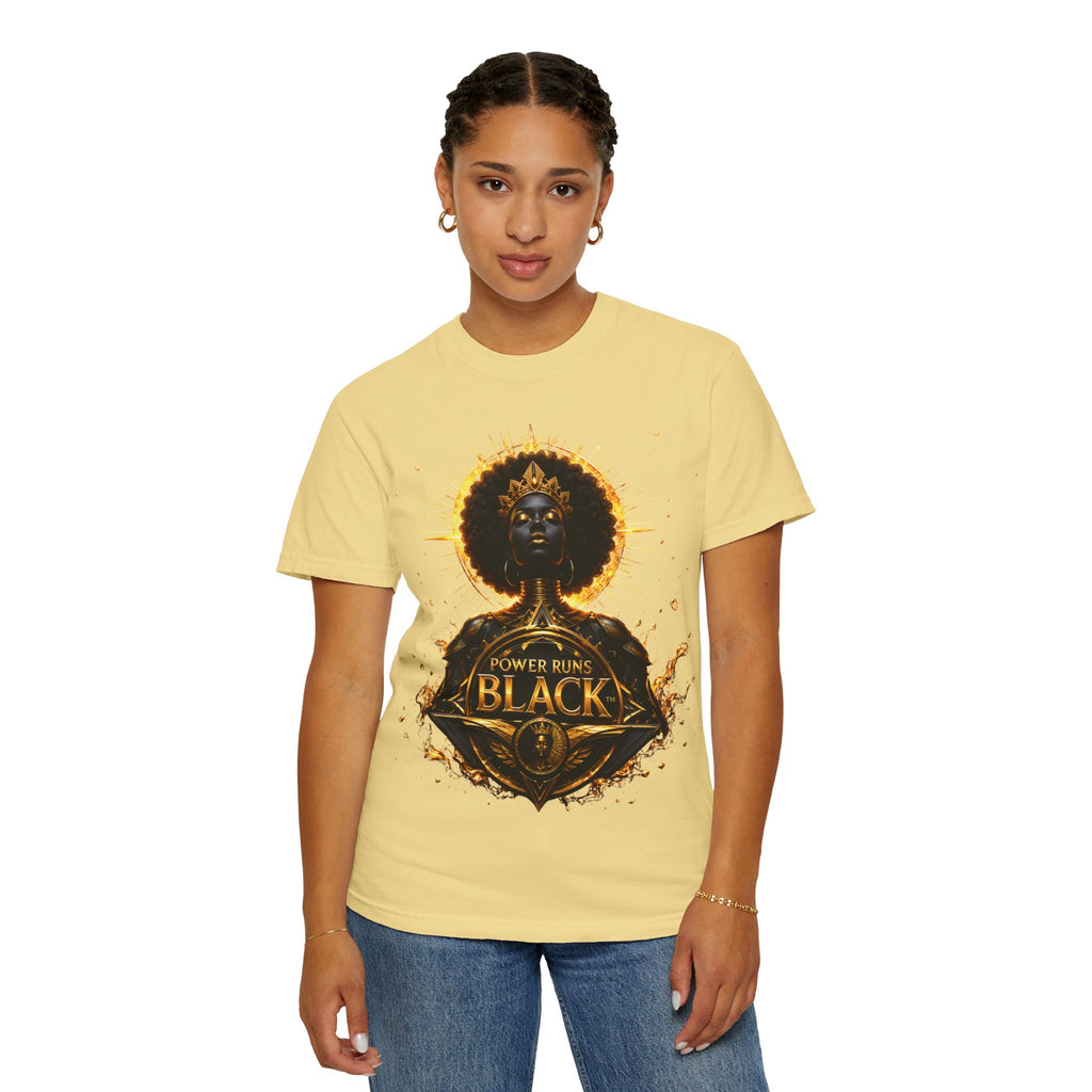 Power Runs Black goddess illustration T-Shirt | Afrocentric black pride design by Power Runs Black