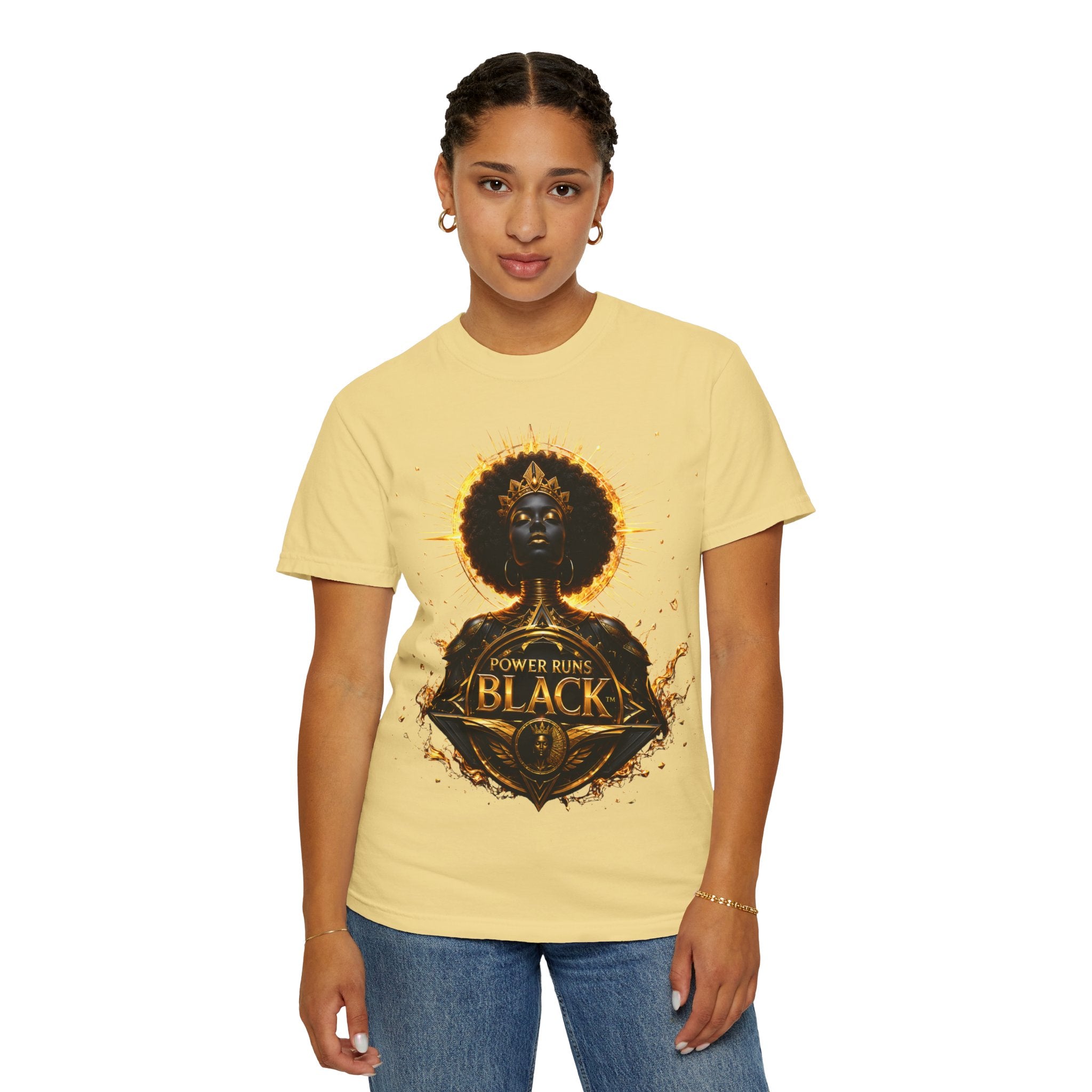 Power Runs Black goddess illustration T-Shirt | Afrocentric black pride design by Power Runs Black