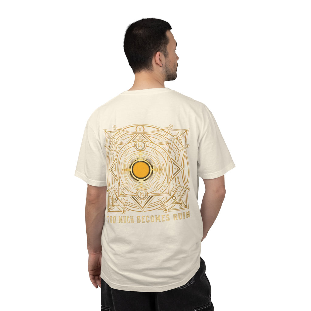 Power Runs Black PRB — Veyra Kain Geometric Sigil Tee with “Too Much Becomes Ruin” Graphic T-Shirt by Printify