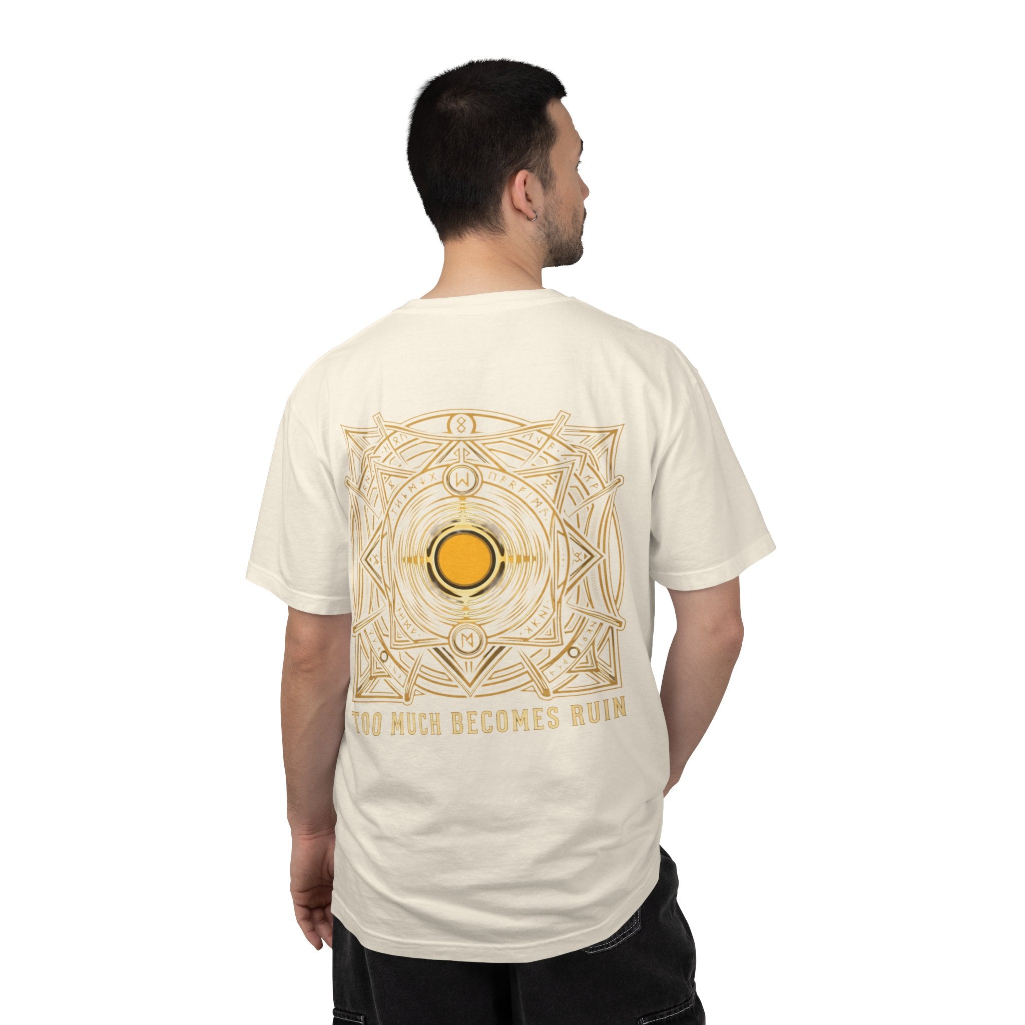 Power Runs Black PRB — Veyra Kain Geometric Sigil Tee with “Too Much Becomes Ruin” Graphic T-Shirt by Printify