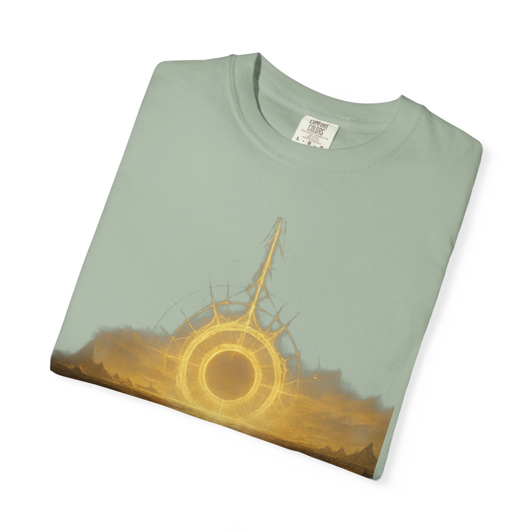 Power Runs Black PRB Golden Eclipse Portal T-shirt | Fantasy Landscape, Mystic Ring, Tower Art by Power Runs Black