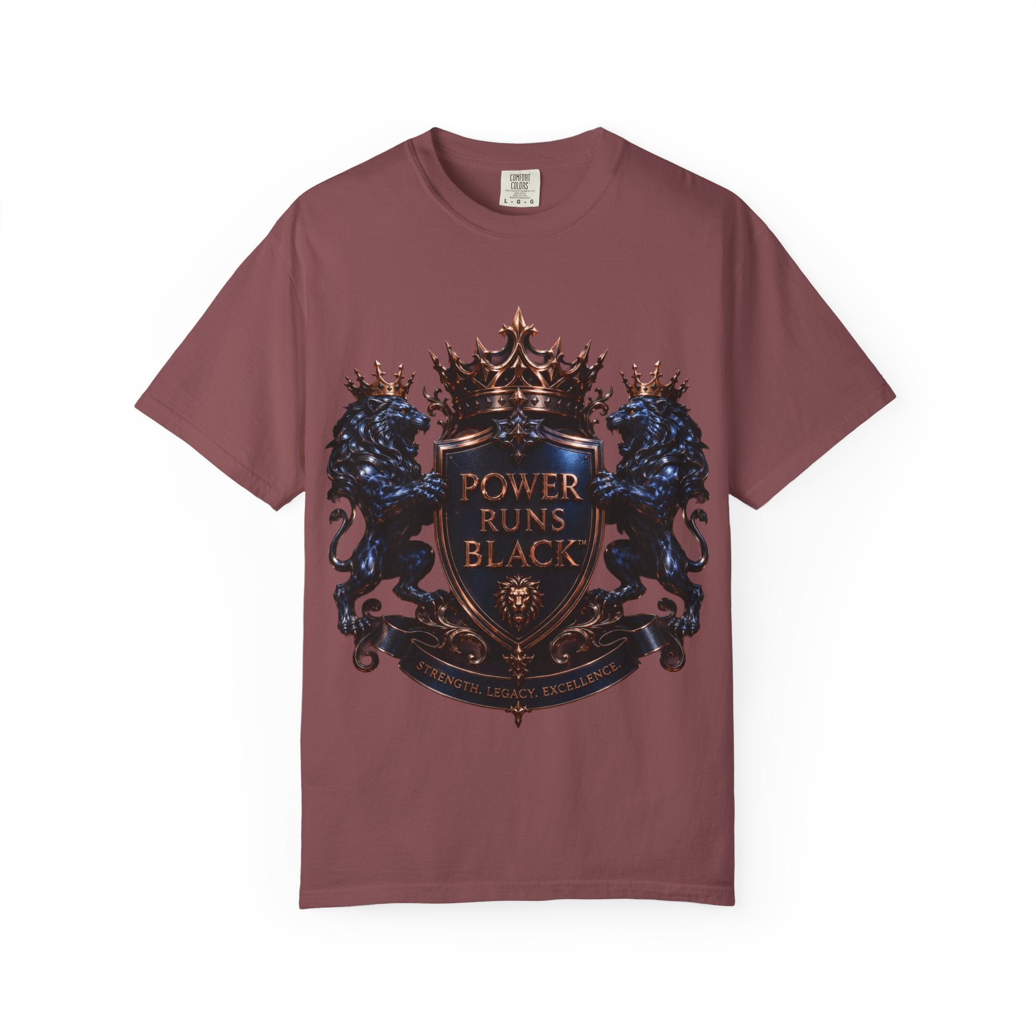 Power Runs Black Crest T-shirt | Heraldic Lion Shield Tee by Power Runs Black
