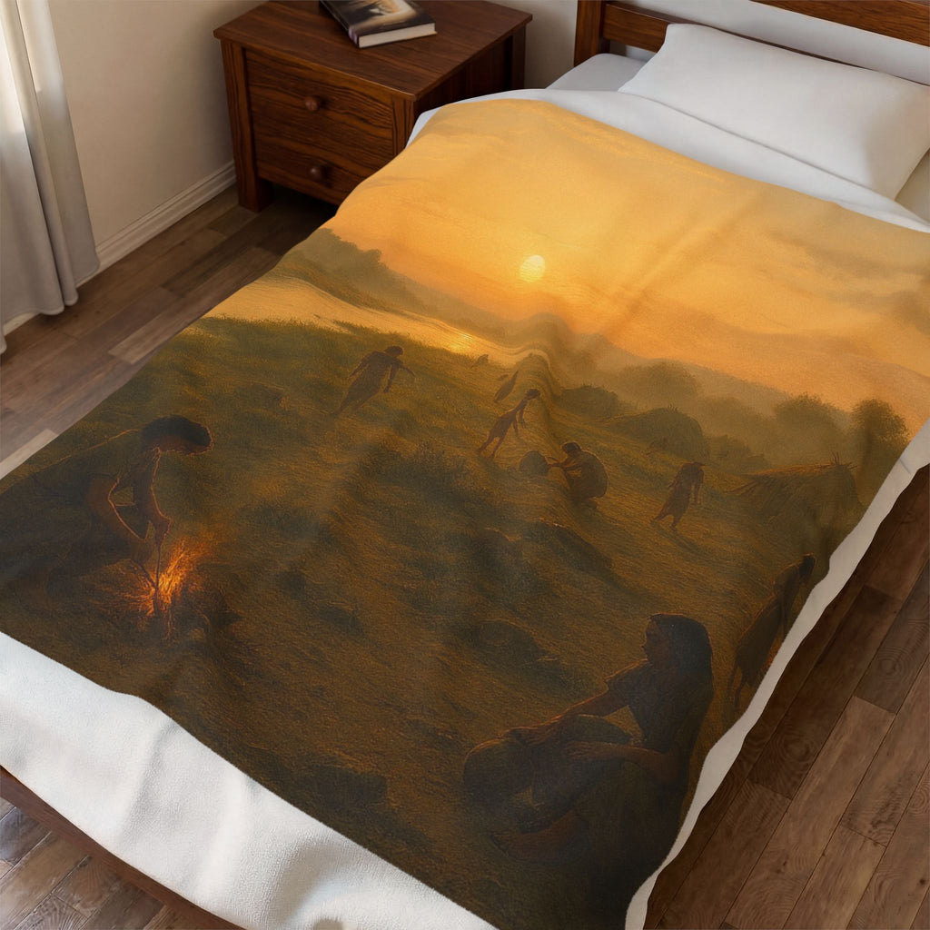 PRB Sunset Campfire Scene Velveteen Plush Blanket | Native Village Landscape by Printify
