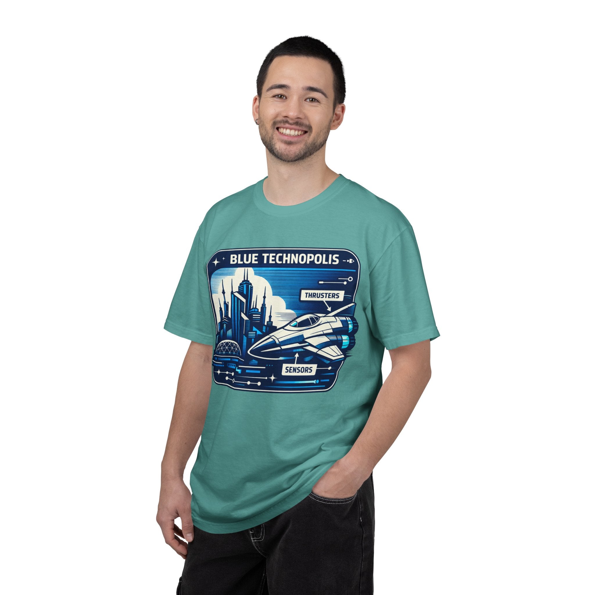 Power Runs Black PRB Technopolis Spacecraft T-Shirt — Blue Technopolis Retro Sci‑Fi Tee by Printify