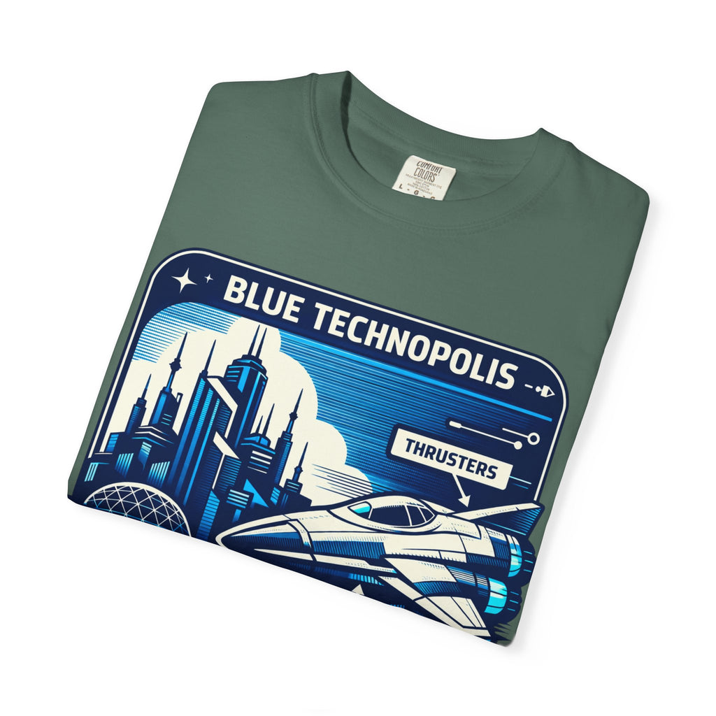 Power Runs Black PRB Technopolis Spacecraft T-Shirt — Blue Technopolis Retro Sci‑Fi Tee by Printify