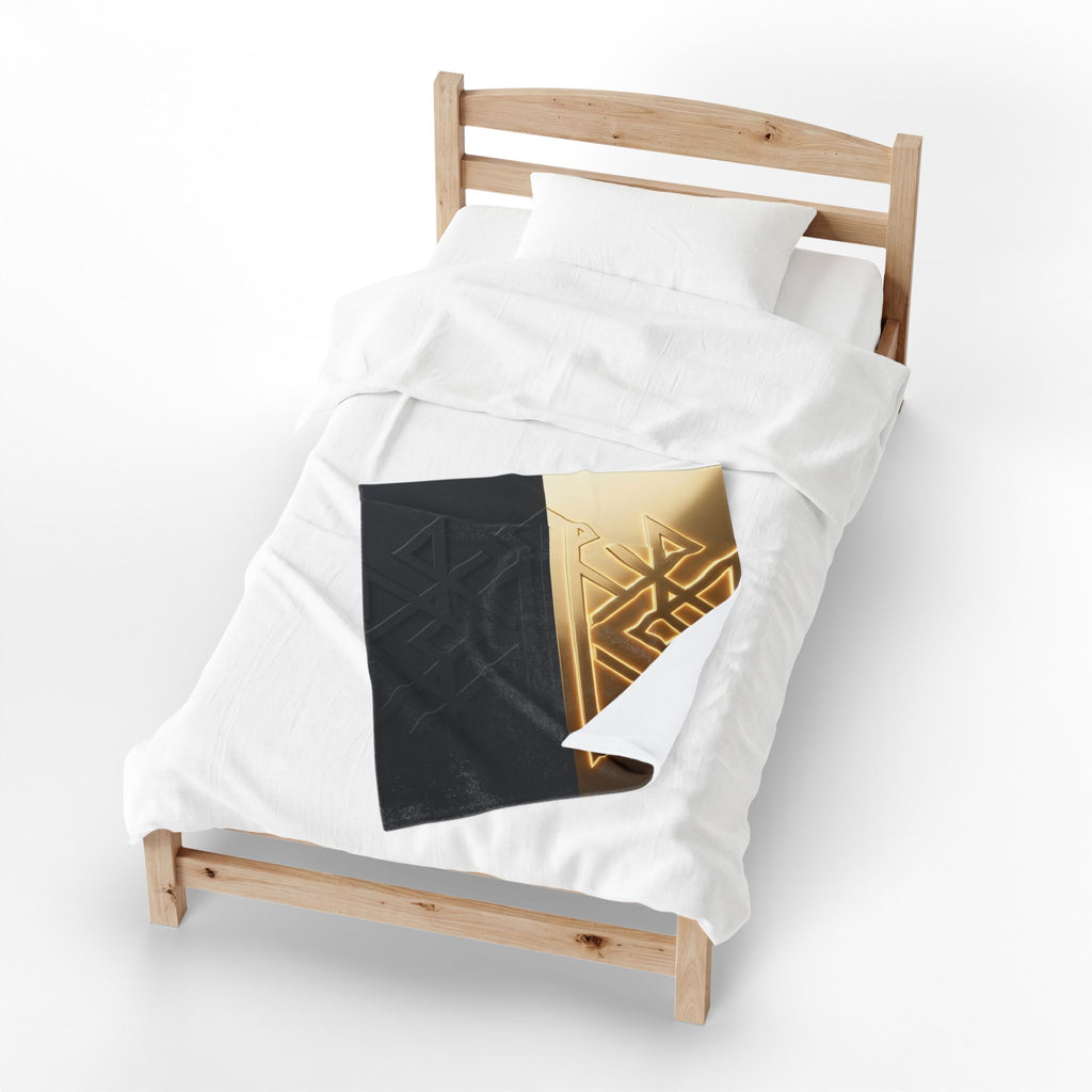 Power Runs Black PRB Velveteen Plush Blanket — Geometric Gold & Black Nordic Rune Throw by Power Runs Black