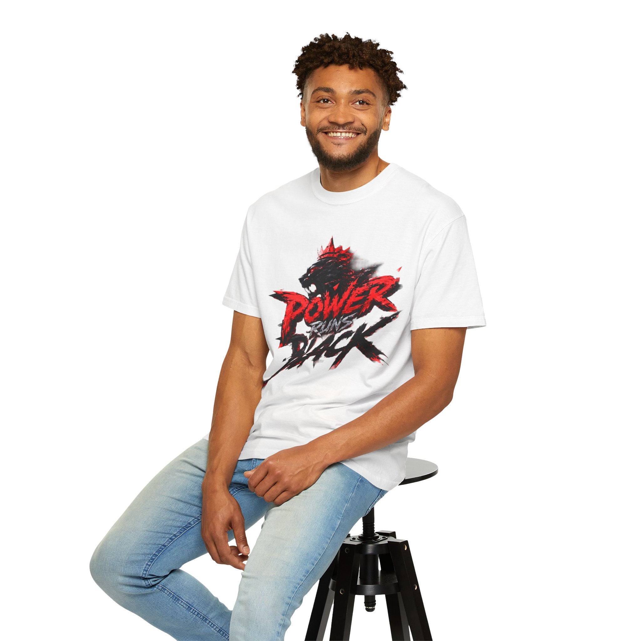 Power Runs Black T-shirt | Wolf Silhouette, Red Black Graphic Tee by Power Runs Black