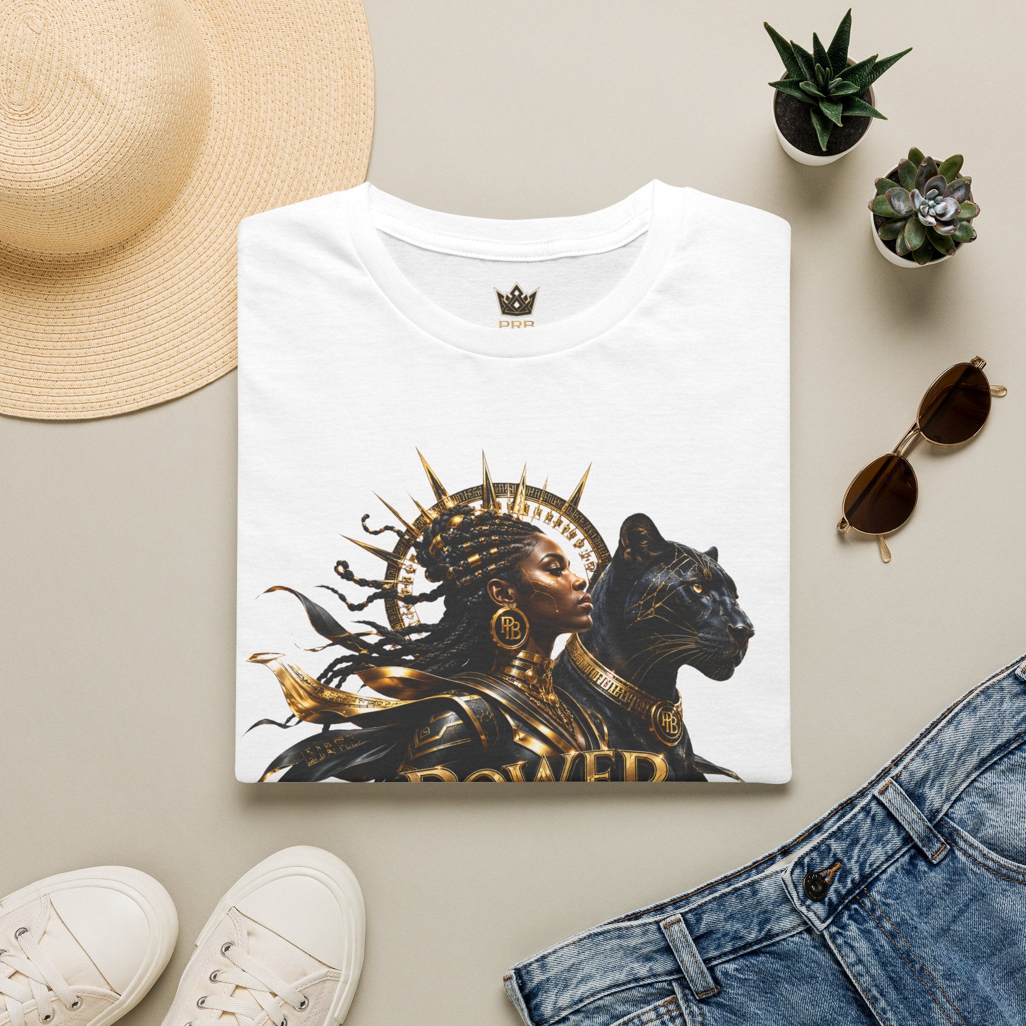 Power Runs Black PRB | Black Woman Portrait, Gold Accents Panther Graphics T by Printify
