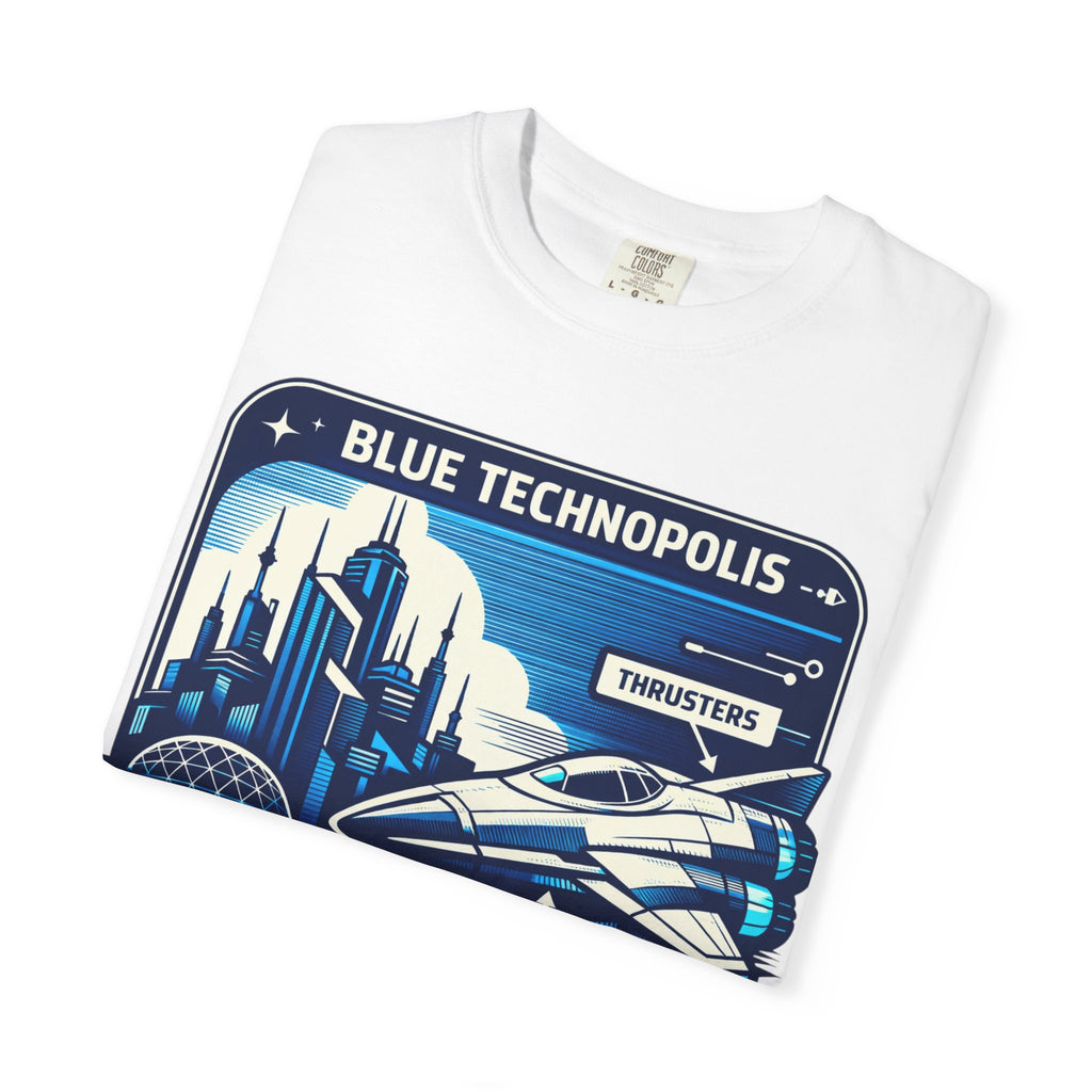 Power Runs Black PRB Technopolis Spacecraft T-Shirt — Blue Technopolis Retro Sci‑Fi Tee by Power Runs Black
