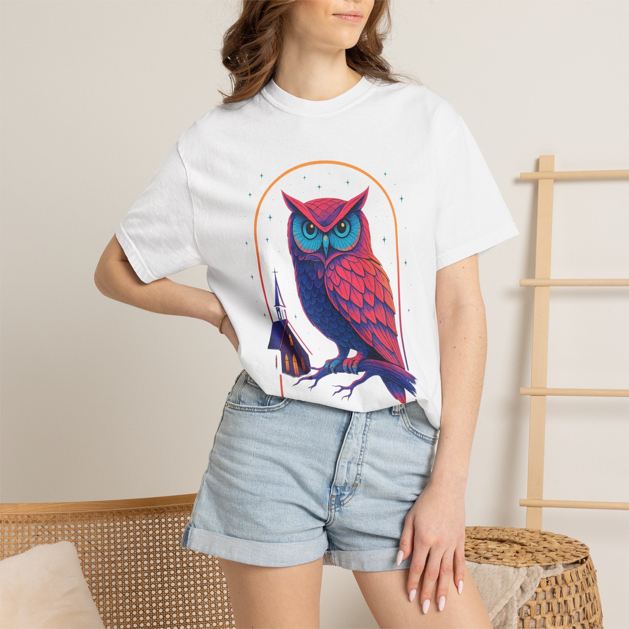 Neon Owl Illustration T-Shirt | Night Church Graphic Tee by Printify