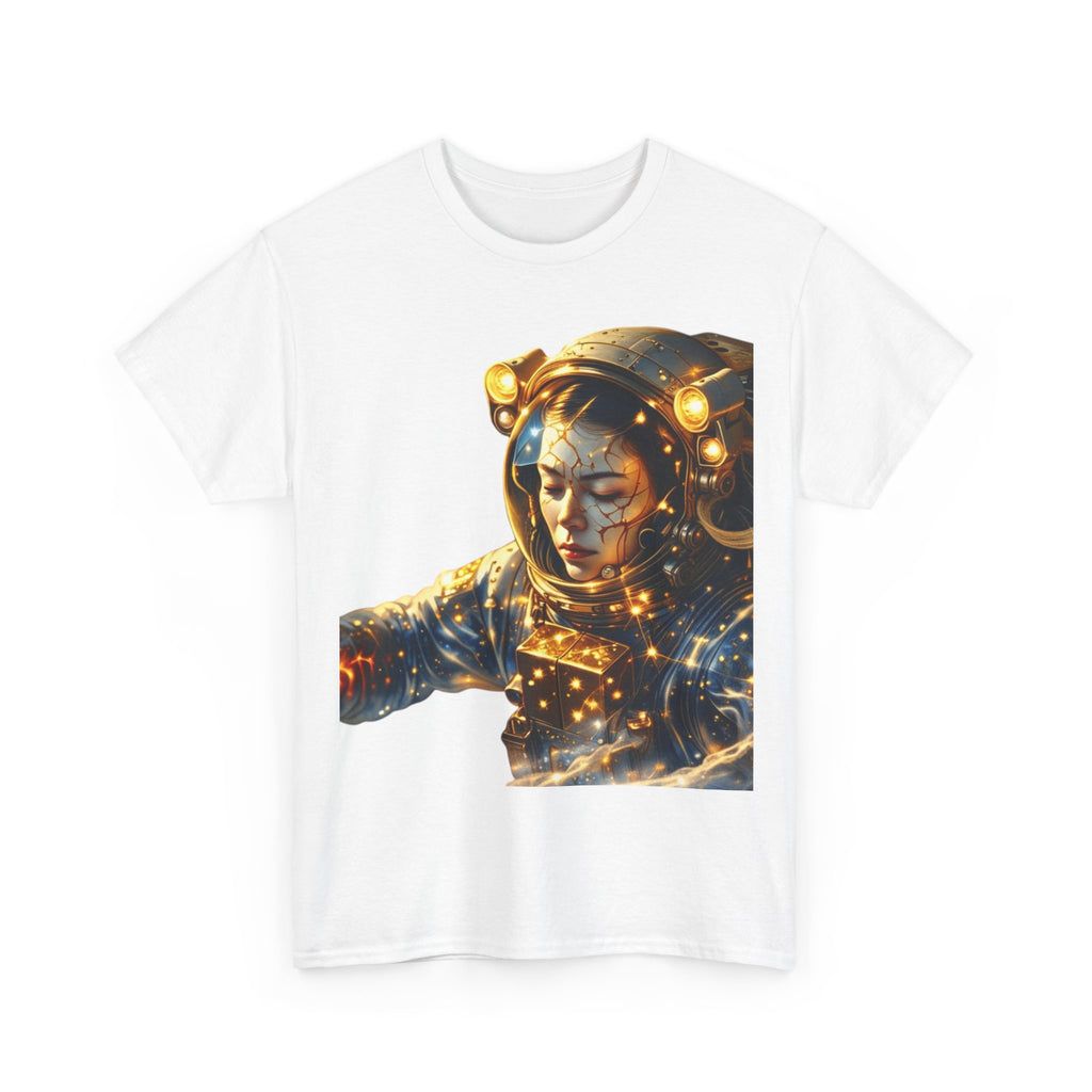 PRB Golden Astronaut Portrait T-Shirt | Space Helmet Art, Cosmic Lights by Power Runs Black
