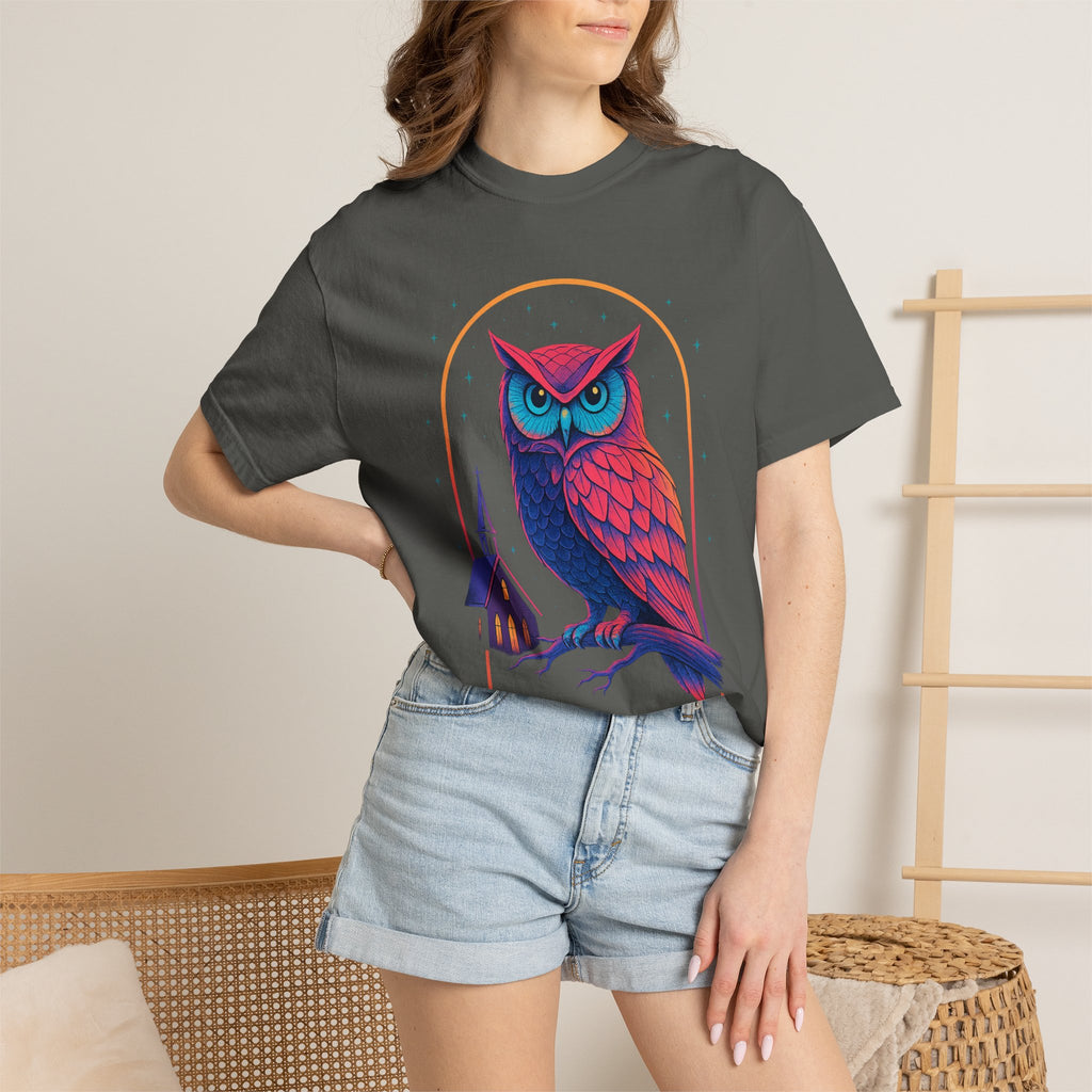 Neon Owl Illustration T-Shirt | Night Church Graphic Tee by Printify