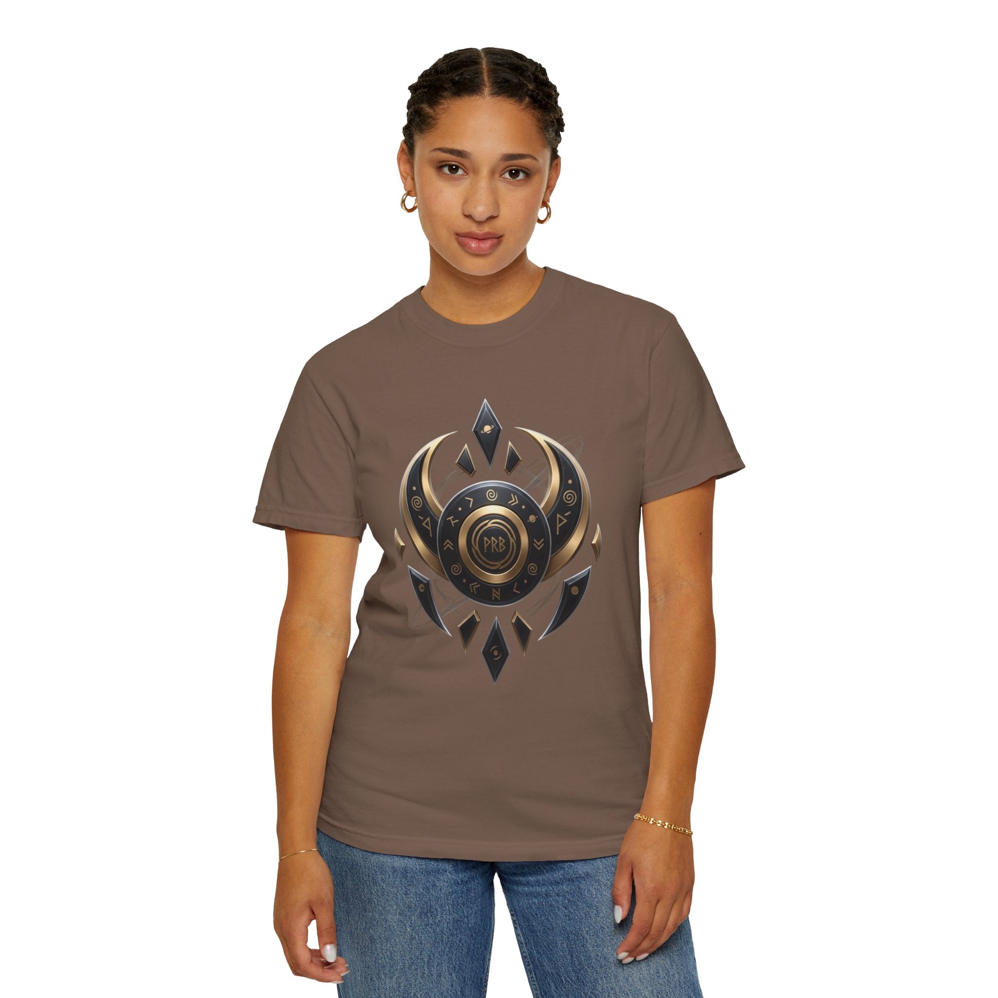 Power Runs Black Mystic Compass Disc T-Shirt — Geometric Gold & Black Emblem Tee by Printify